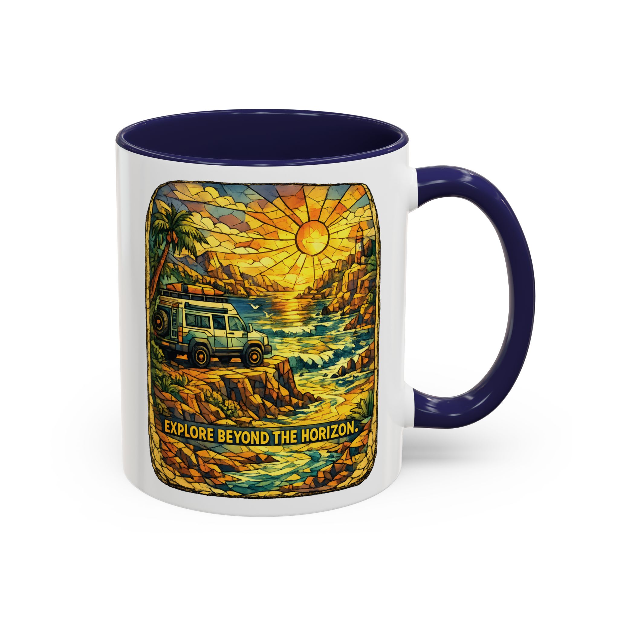 Accent Coffee Mug (11, 15oz) — "Explore Beyond The Horizon" Design Cubic-Line