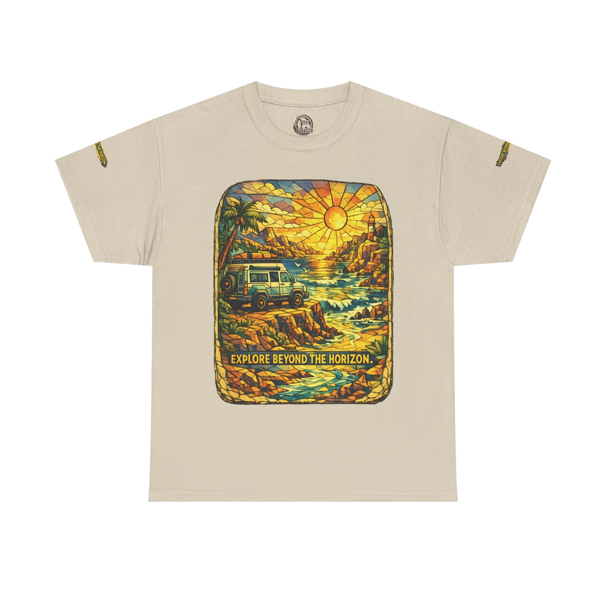 Unisex Heavy Cotton Tee — "Explore Beyond The Horizon" Design Cubic-Line