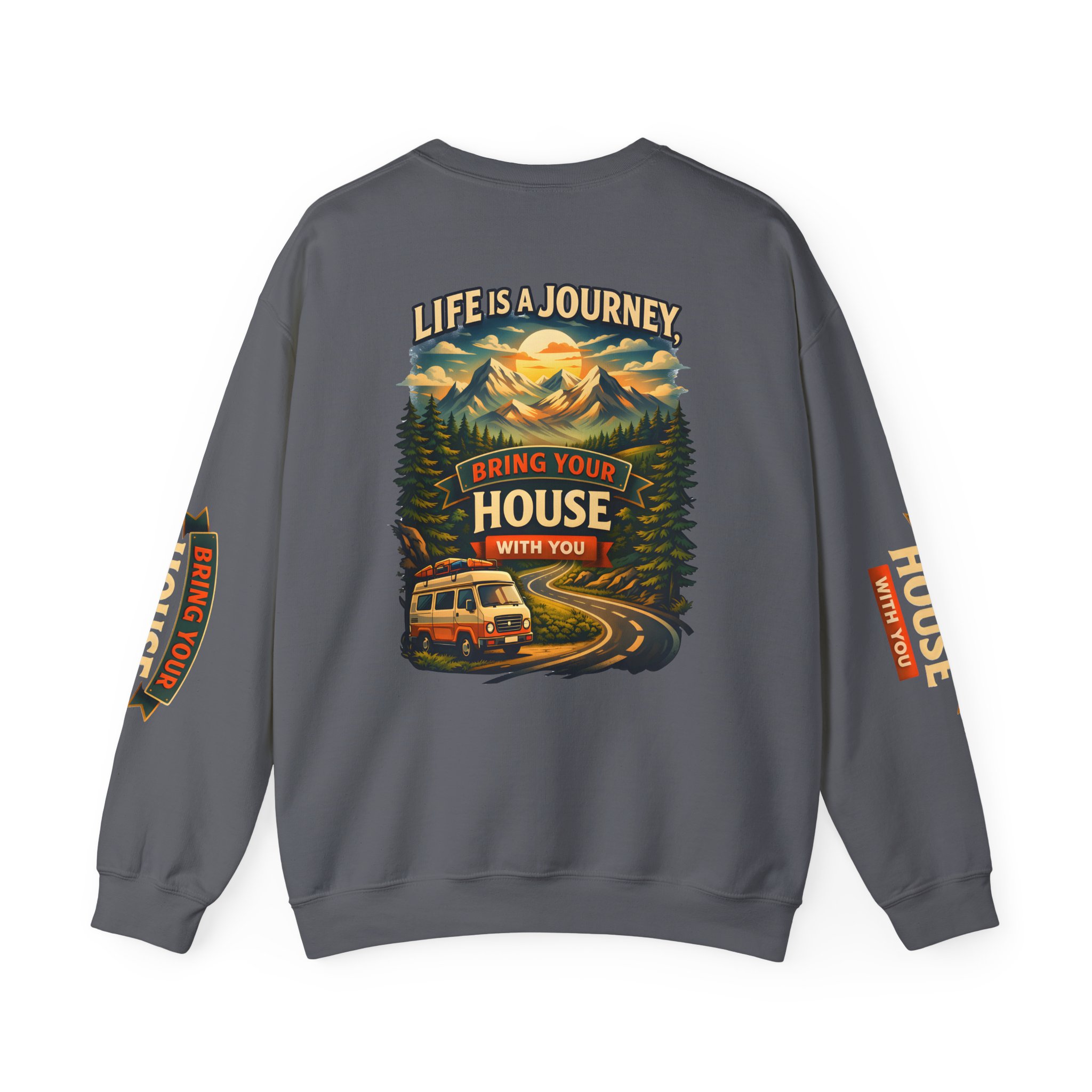 Unisex Heavy Blend™ Crewneck Sweatshirt — "Live Is A Journey-Bring Your House With You" Design Scenic-Line