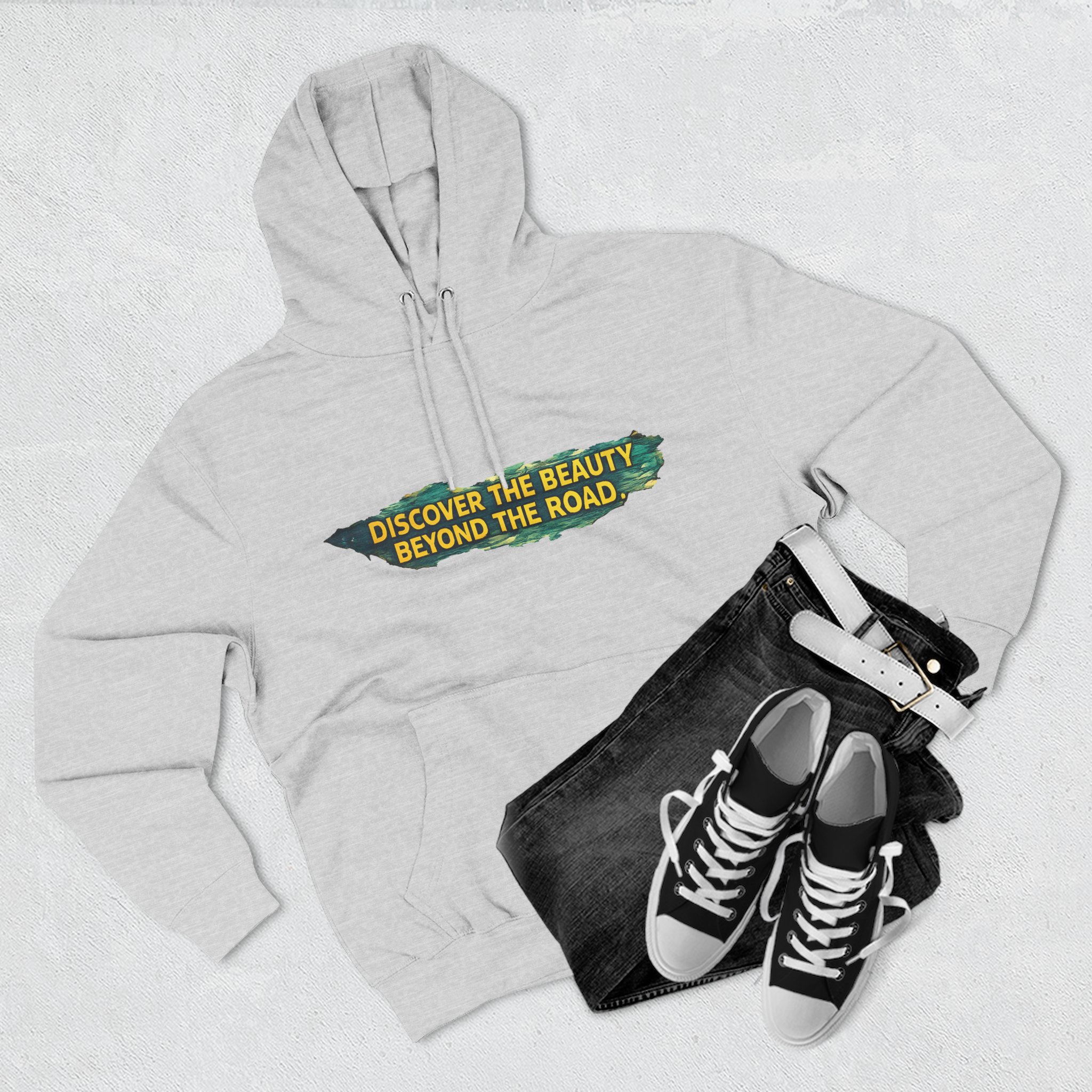 Three-Panel Fleece Hoodie - "Discover The Bieuty Beyond The Road" Design Cubic-Line