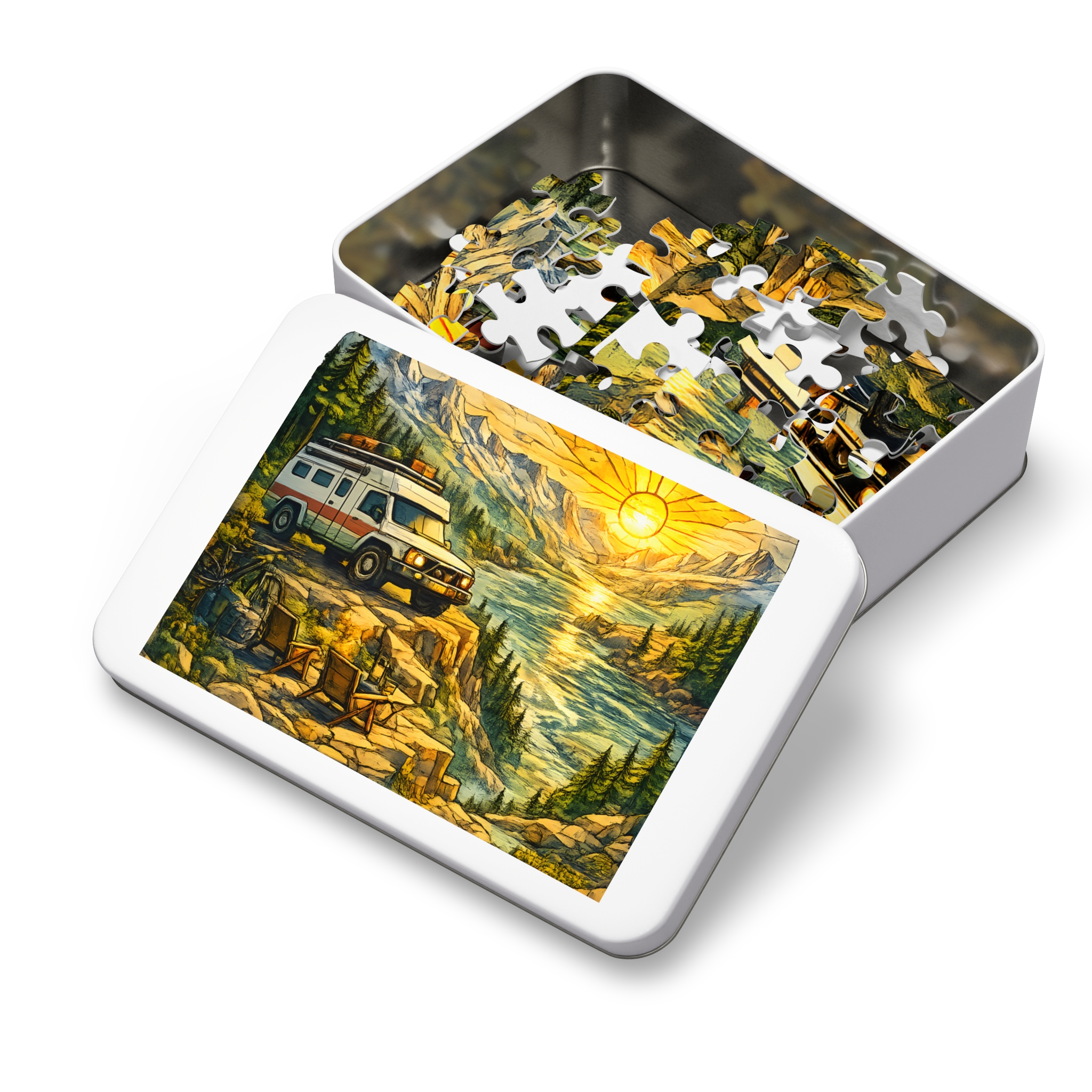 Jigsaw Puzzle with Tin — Camping Van Sunset (Design Cubic-Line)