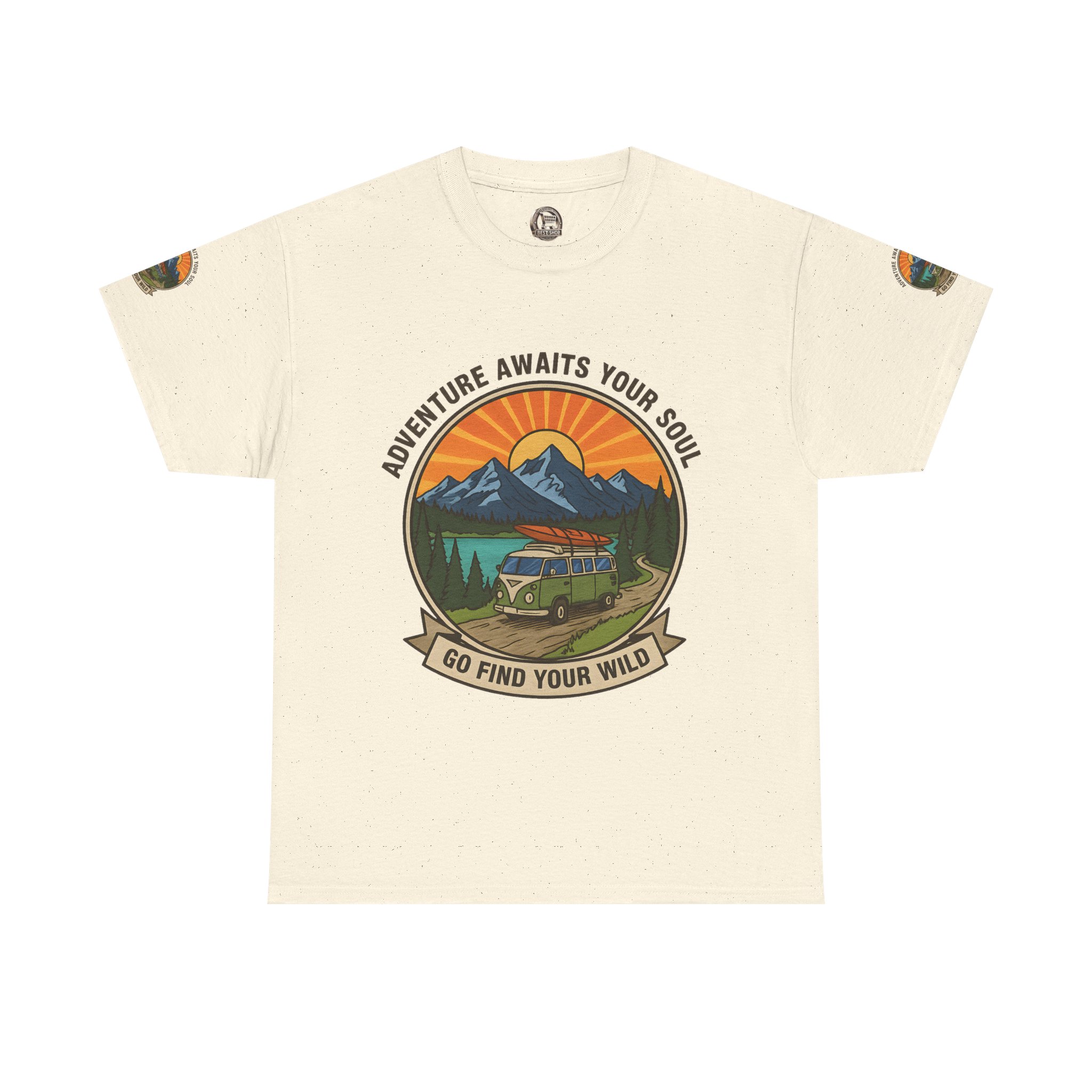 Unisex Heavy Cotton Tee — “Adventure Awaits Your Soul: Go Find Your Wild” Van & Mountain Graphic