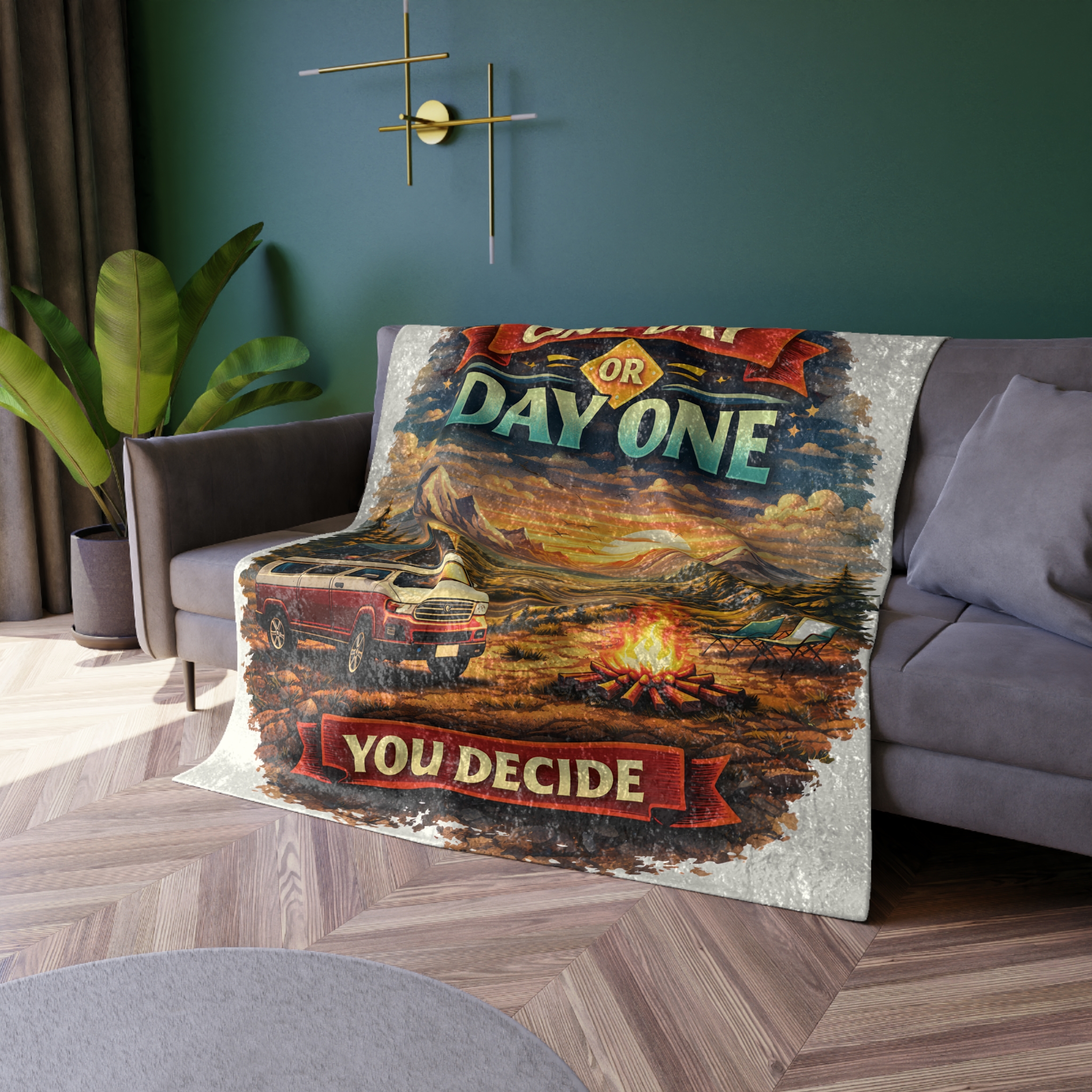 Crushed Velvet Blanket —"One Day Or Day One" Design Scenic-Line (Campervan)