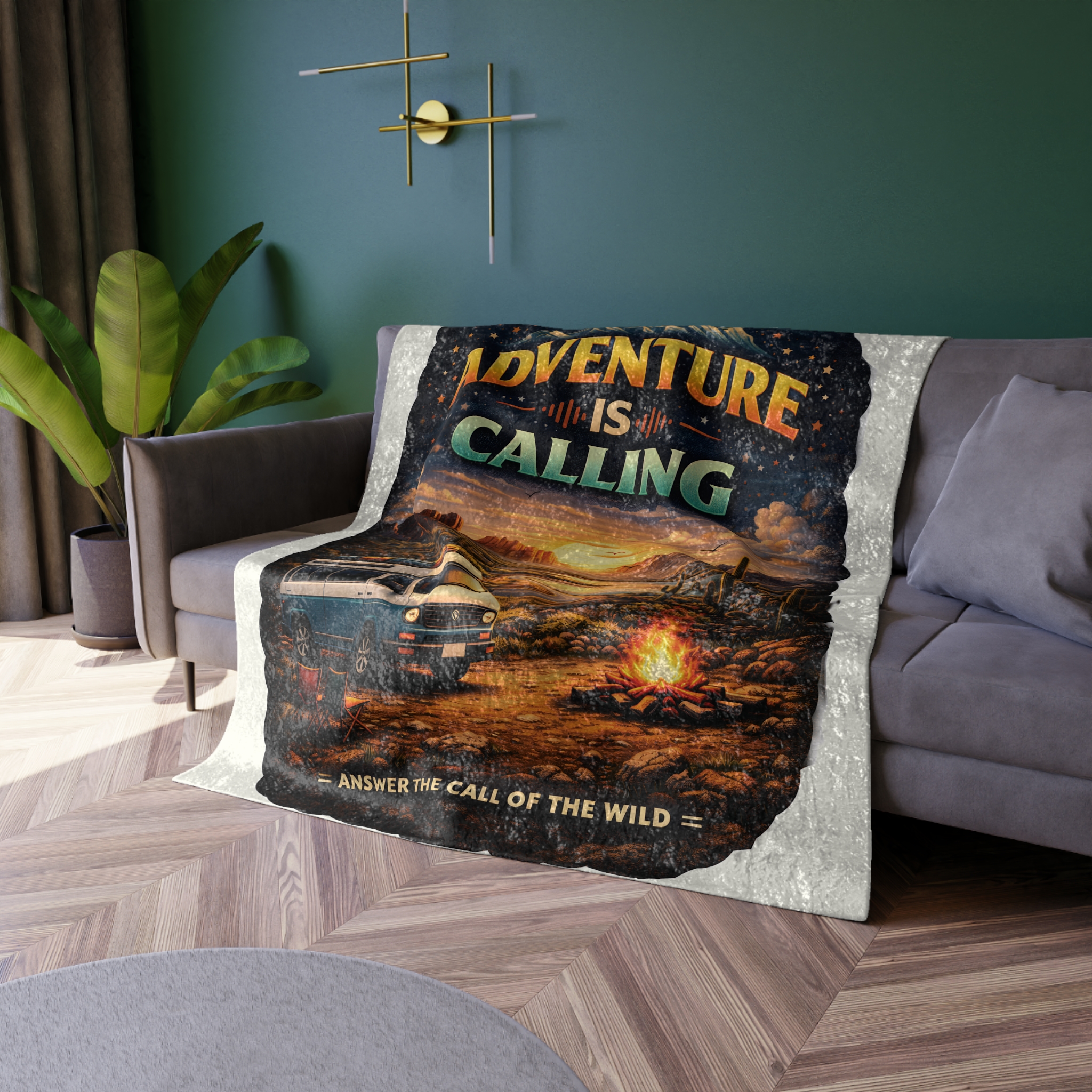 Crushed Velvet Blanket —"Adventure Is Calling" Design Scenic-Line (Campervan)