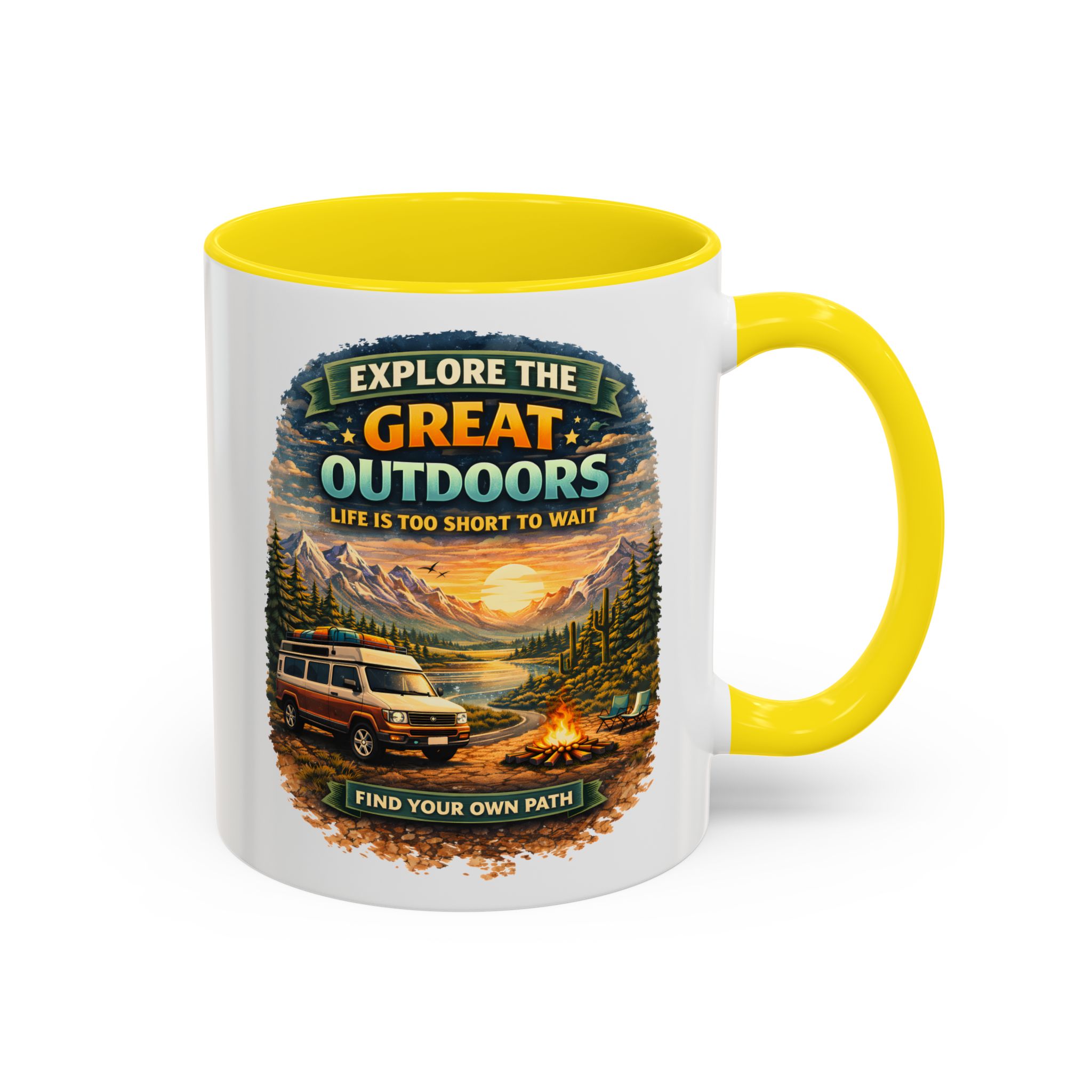 Accent Coffee Mug (11, 15oz) — "Explore The Great Outdoors" Design Scenic-Line