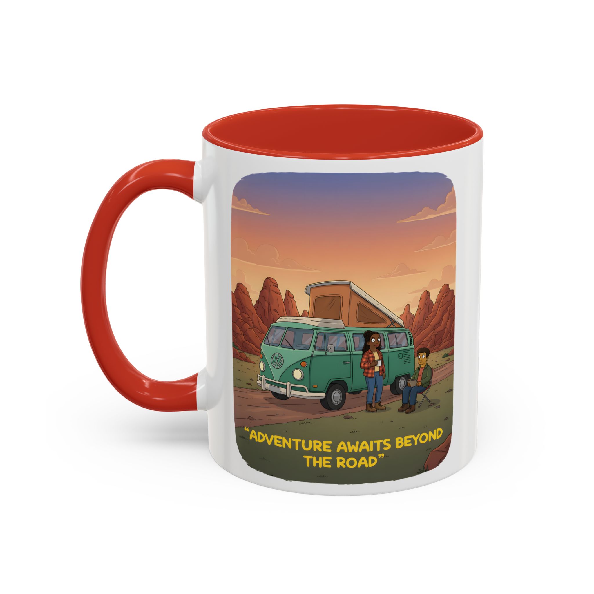 Accent Coffee Mug (11, 15oz) — "Adventure Awaits Beyond The Road" Design Sitcom-Line