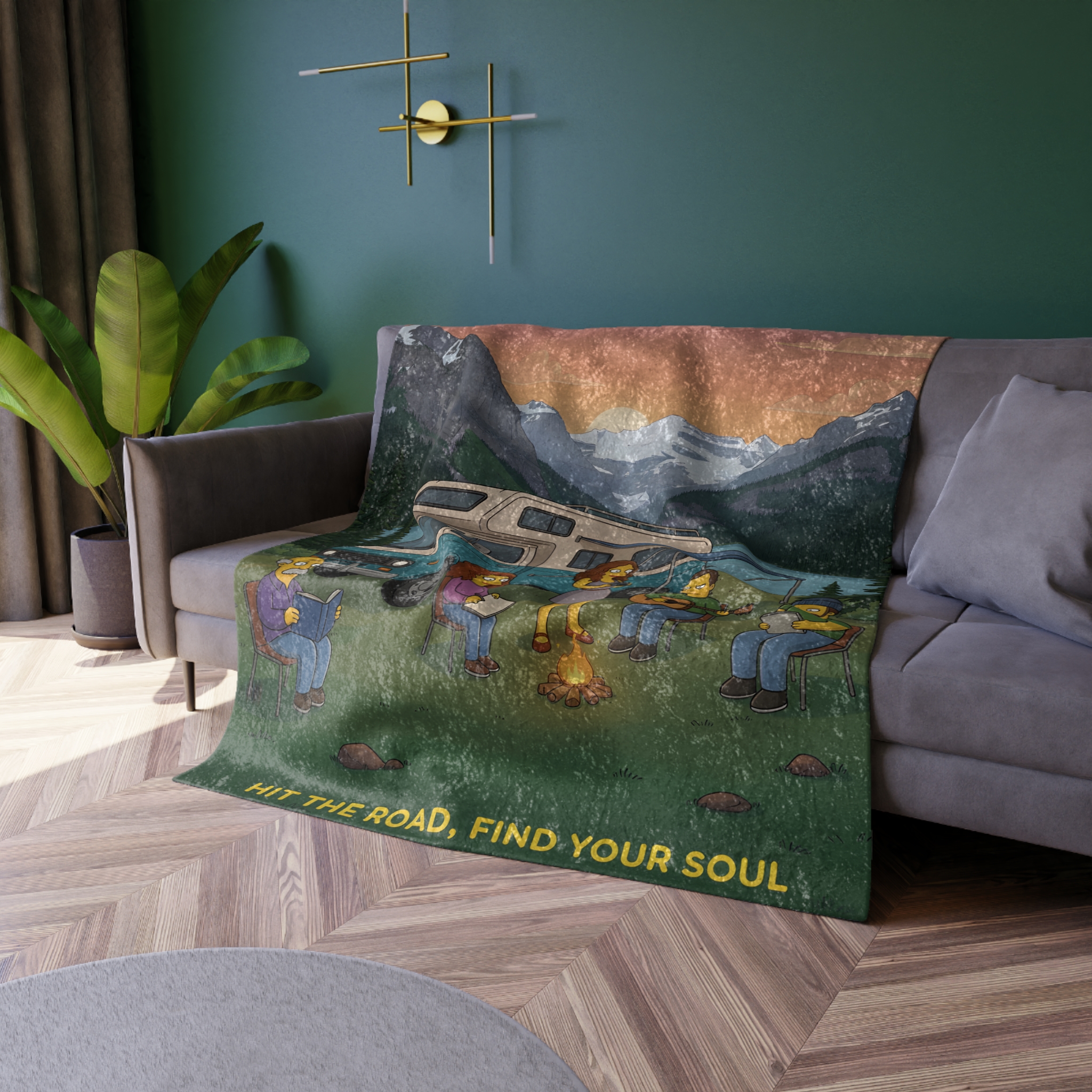 Crushed Velvet Blanket —"Hit The Road-Find Your Soul" Design Sitcom-Line (Campervan)