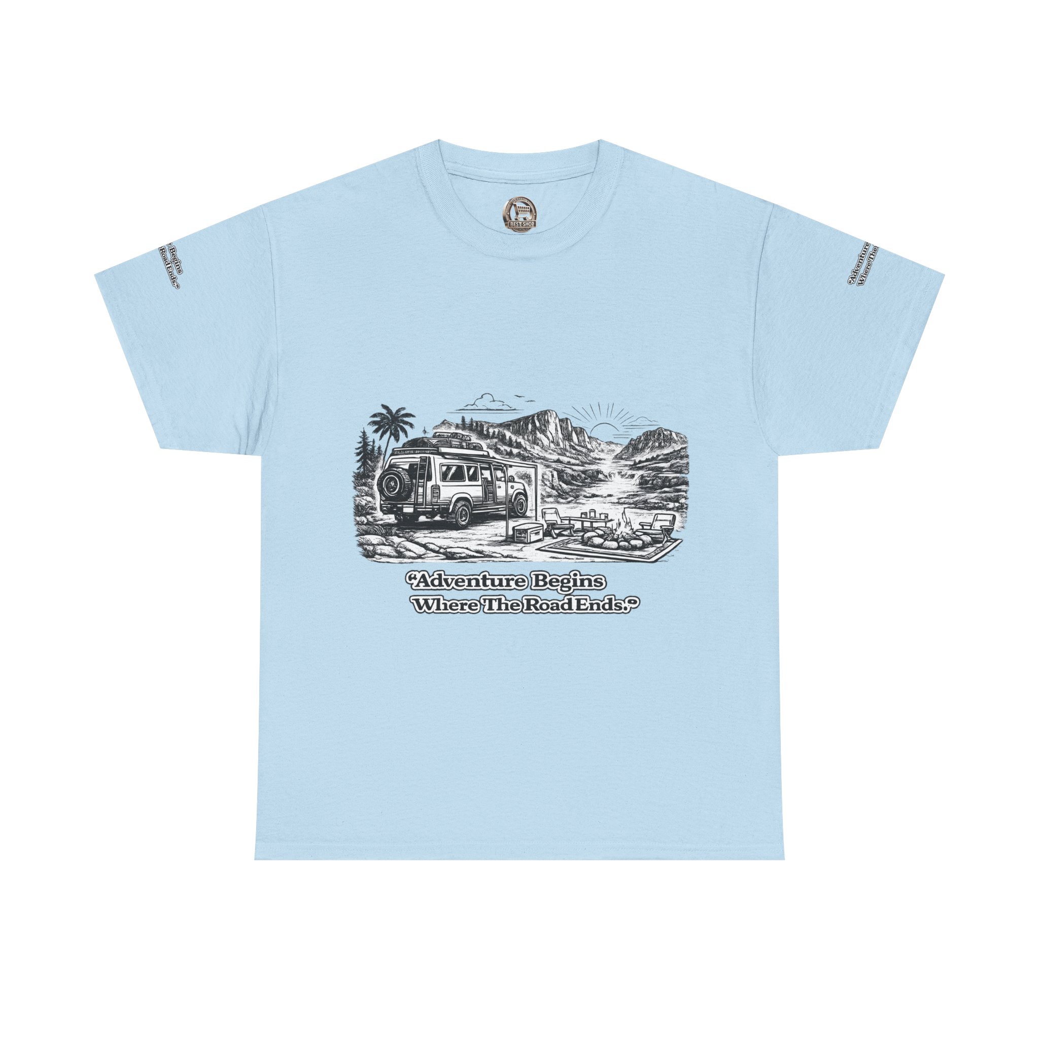 Unisex Heavy Cotton Tee — "Adventure Begins Where The Road Ends" Design Minimal-Line