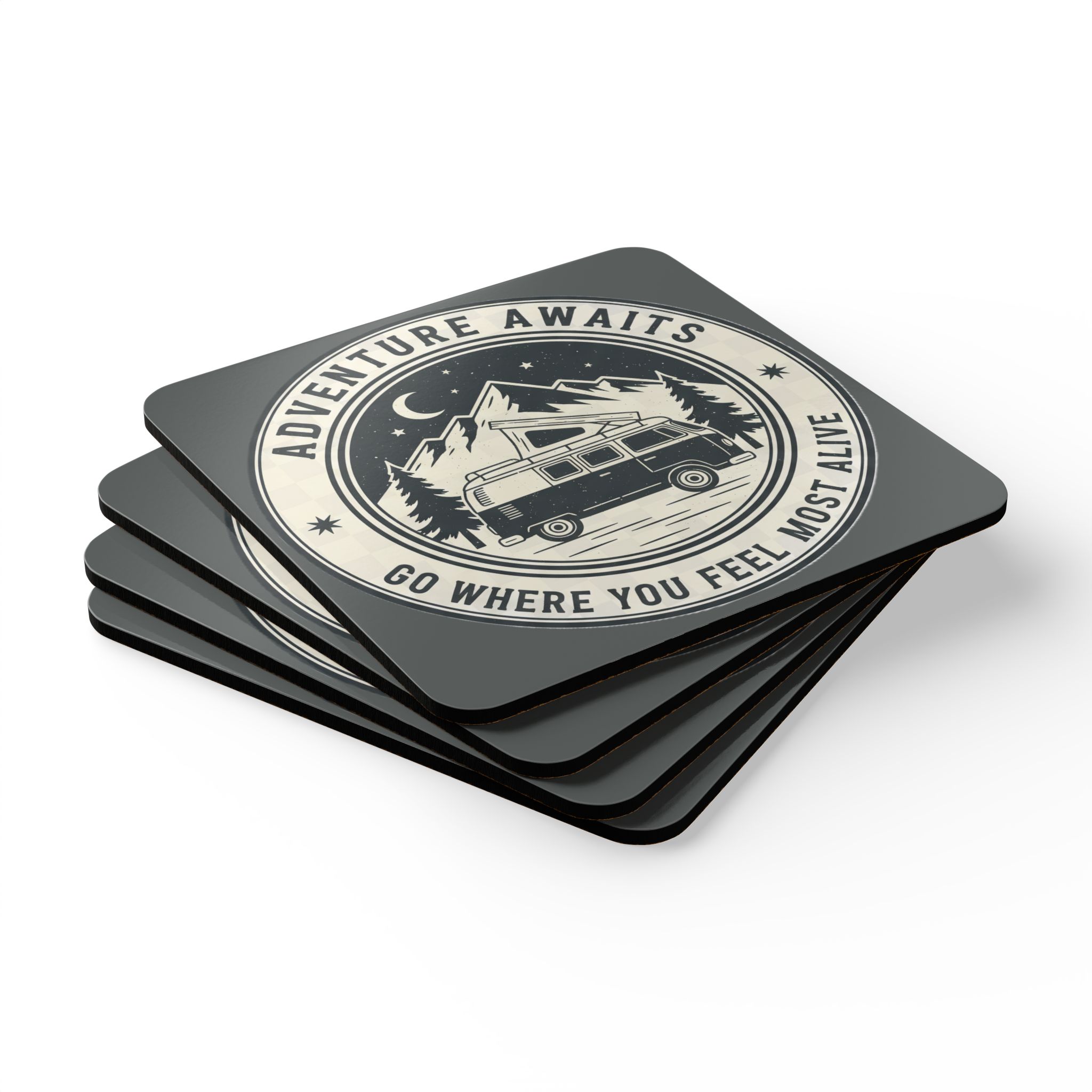 Coaster Set — "Adventure Awaits-Go Where You Feel Most Alive" Cork Coasters