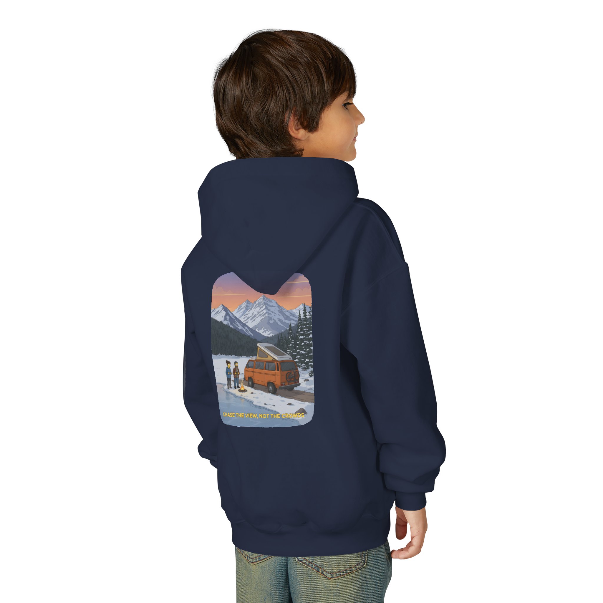 Youth Hoodie(Gildan) – "Chase The Views-Not The Crowds" (Design Sitcom-Line)