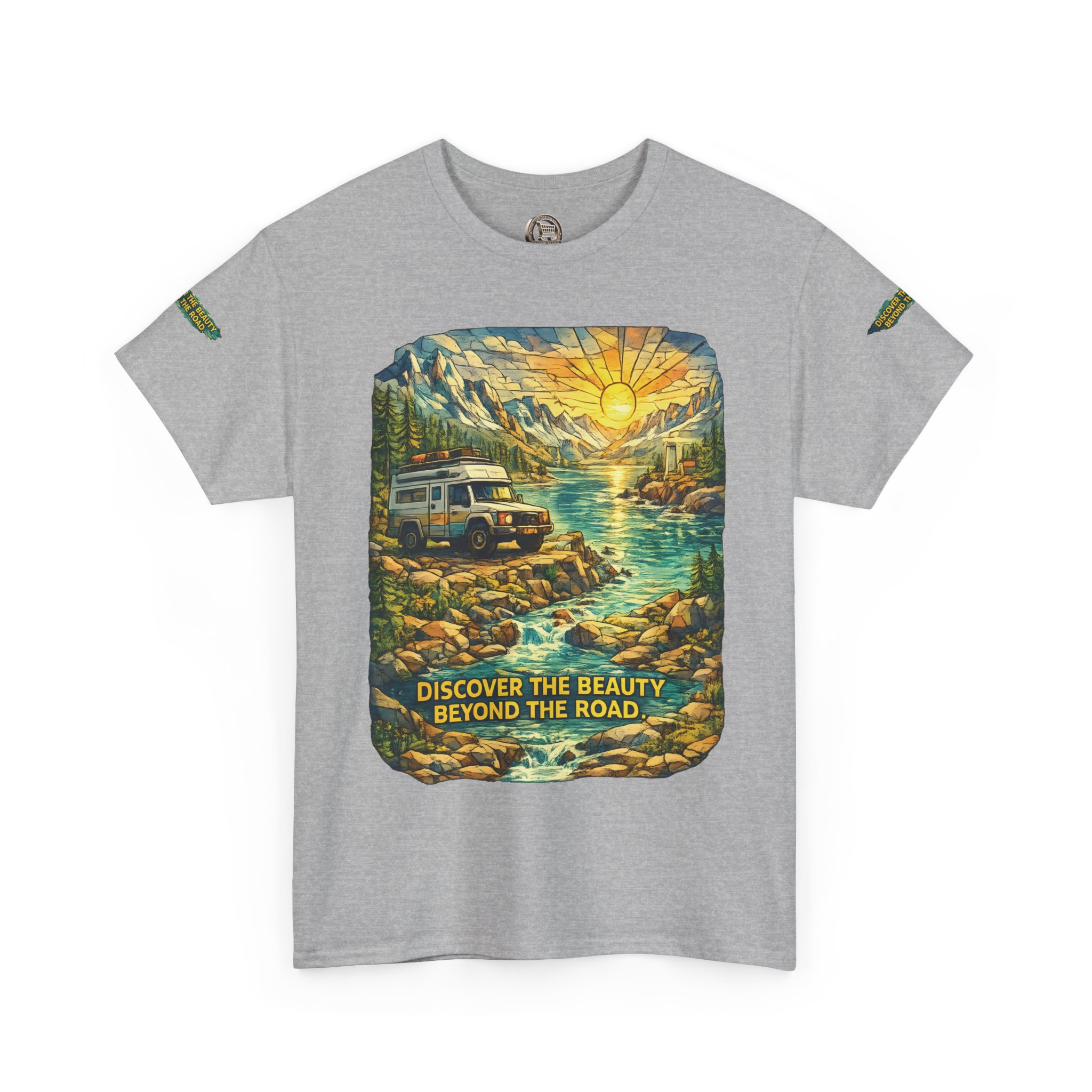 Unisex Heavy Cotton Tee — "Discover The Bieuty Beyond The Road" Design Cubic-Line