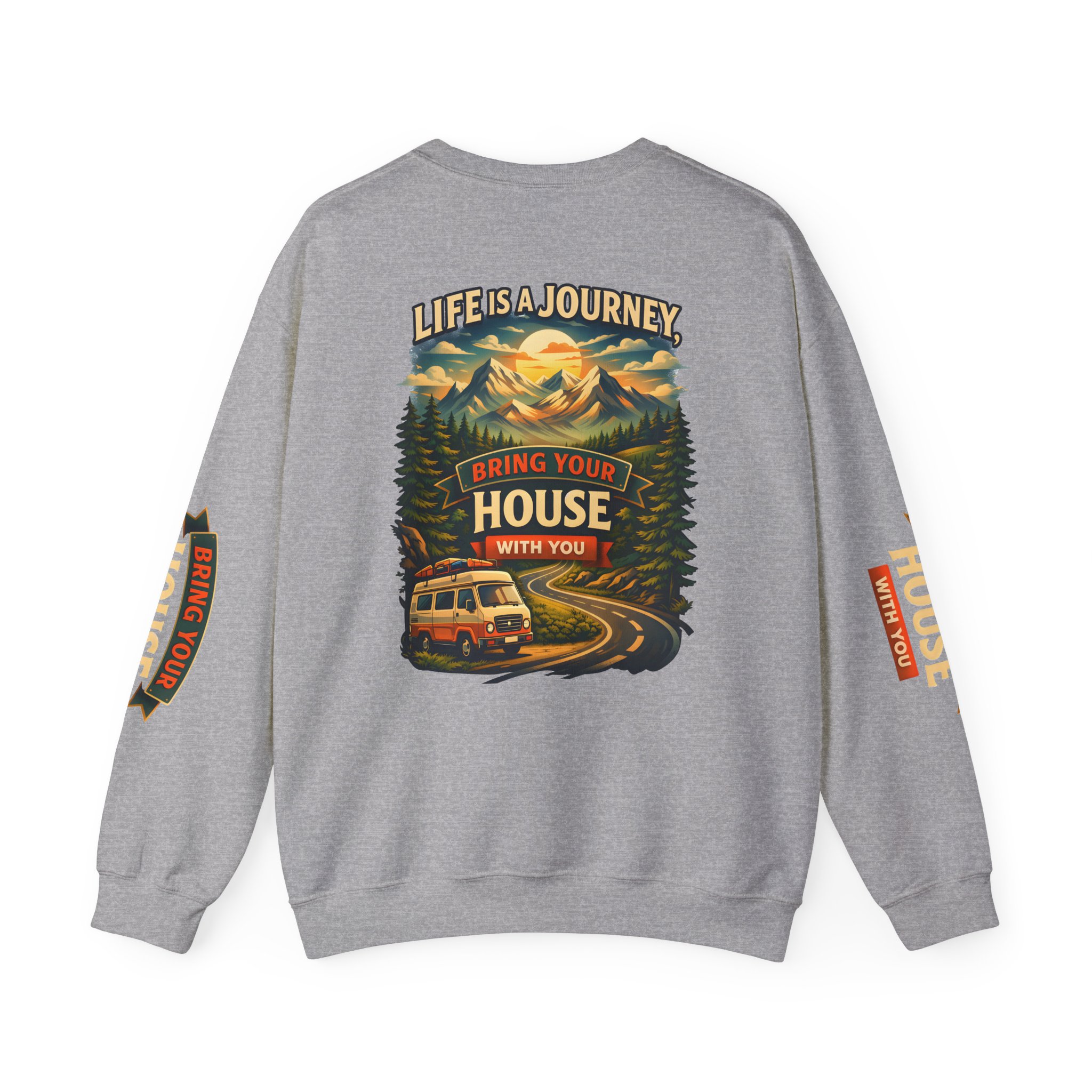 Unisex Heavy Blend™ Crewneck Sweatshirt — "Live Is A Journey-Bring Your House With You" Design Scenic-Line