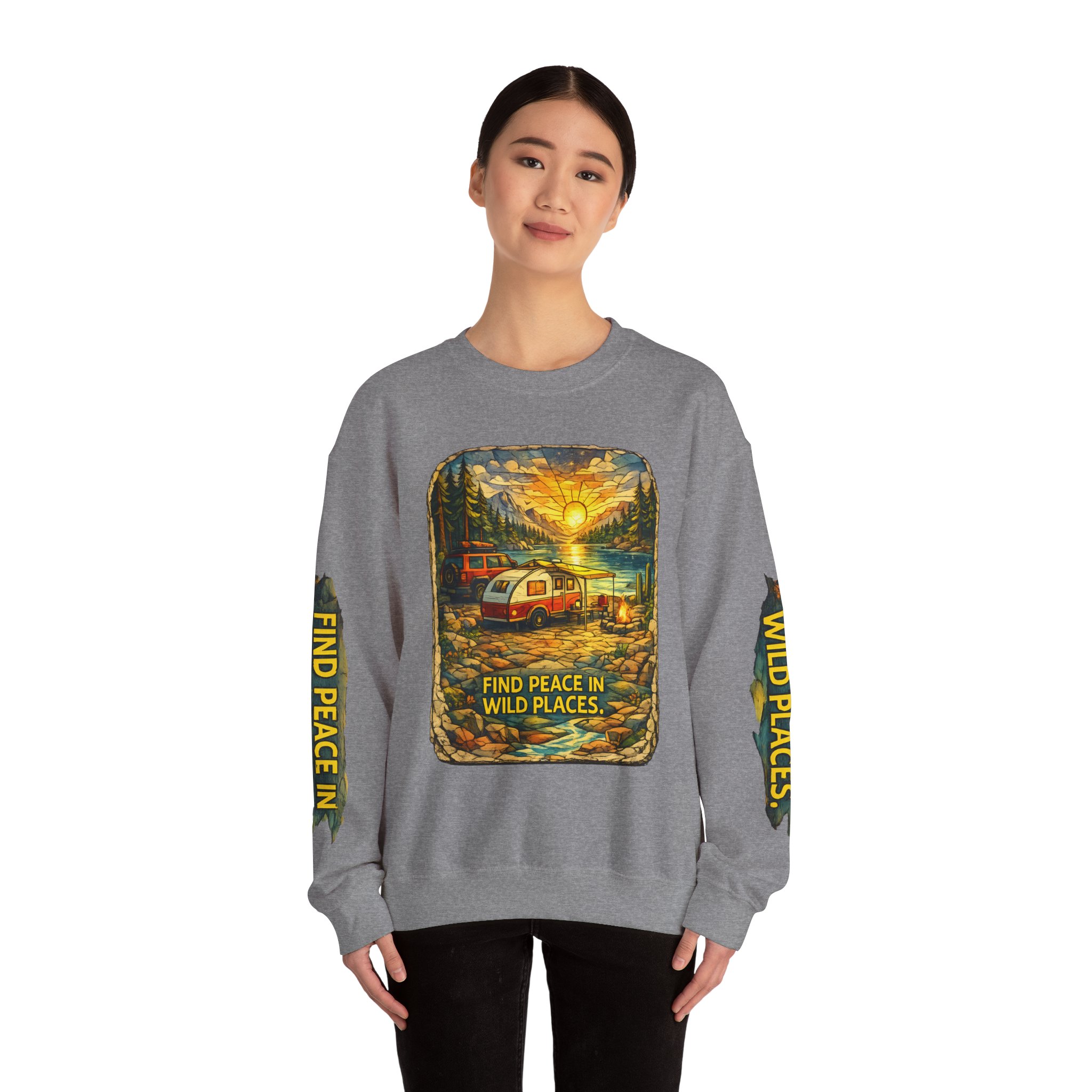 Unisex Heavy Blend™ Crewneck Sweatshirt — "Find Peace In Wild Places" Design Cubic-Line