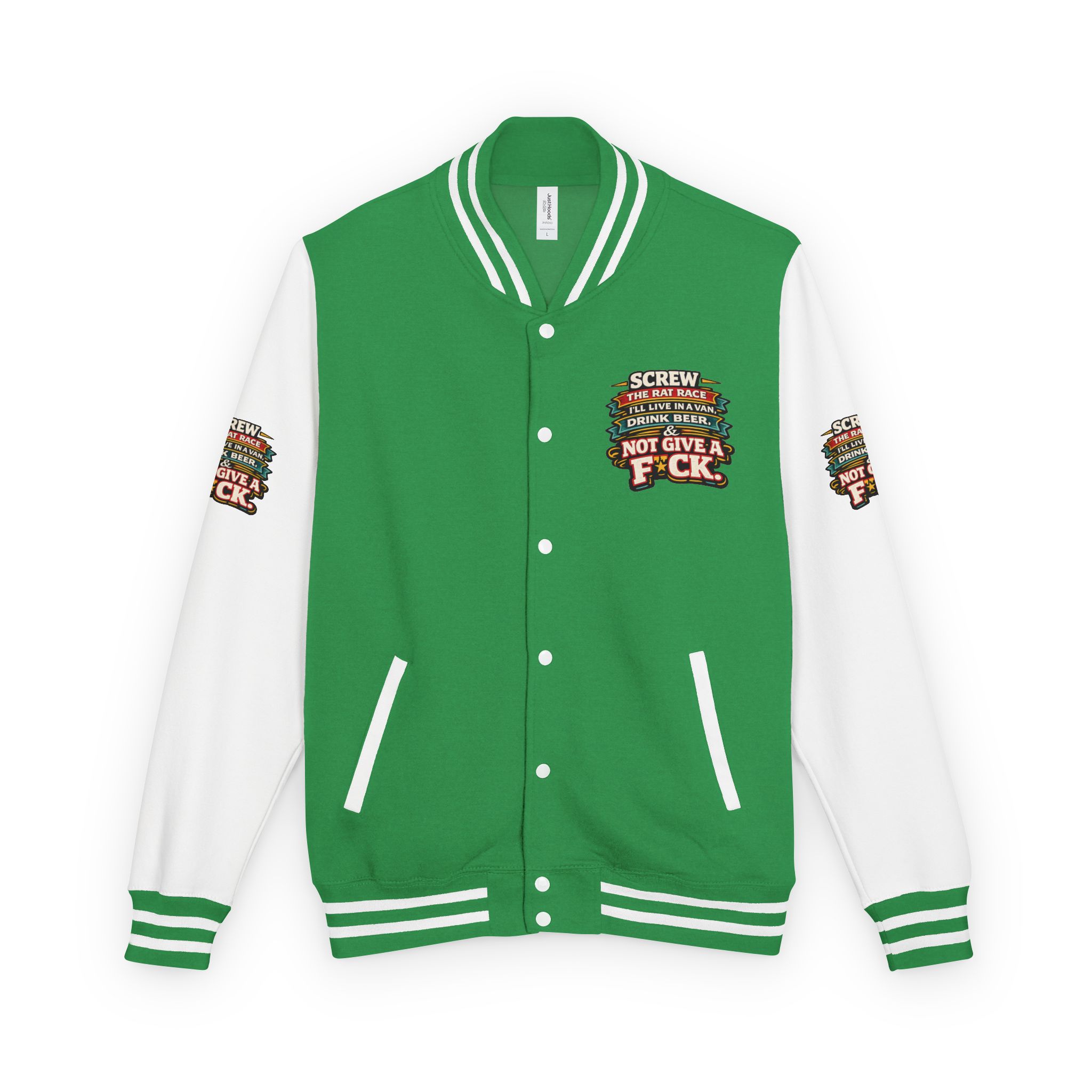 Unisex Heavyweight Letterman Jacket — "Screw The Rat Race" Design F**K-Line