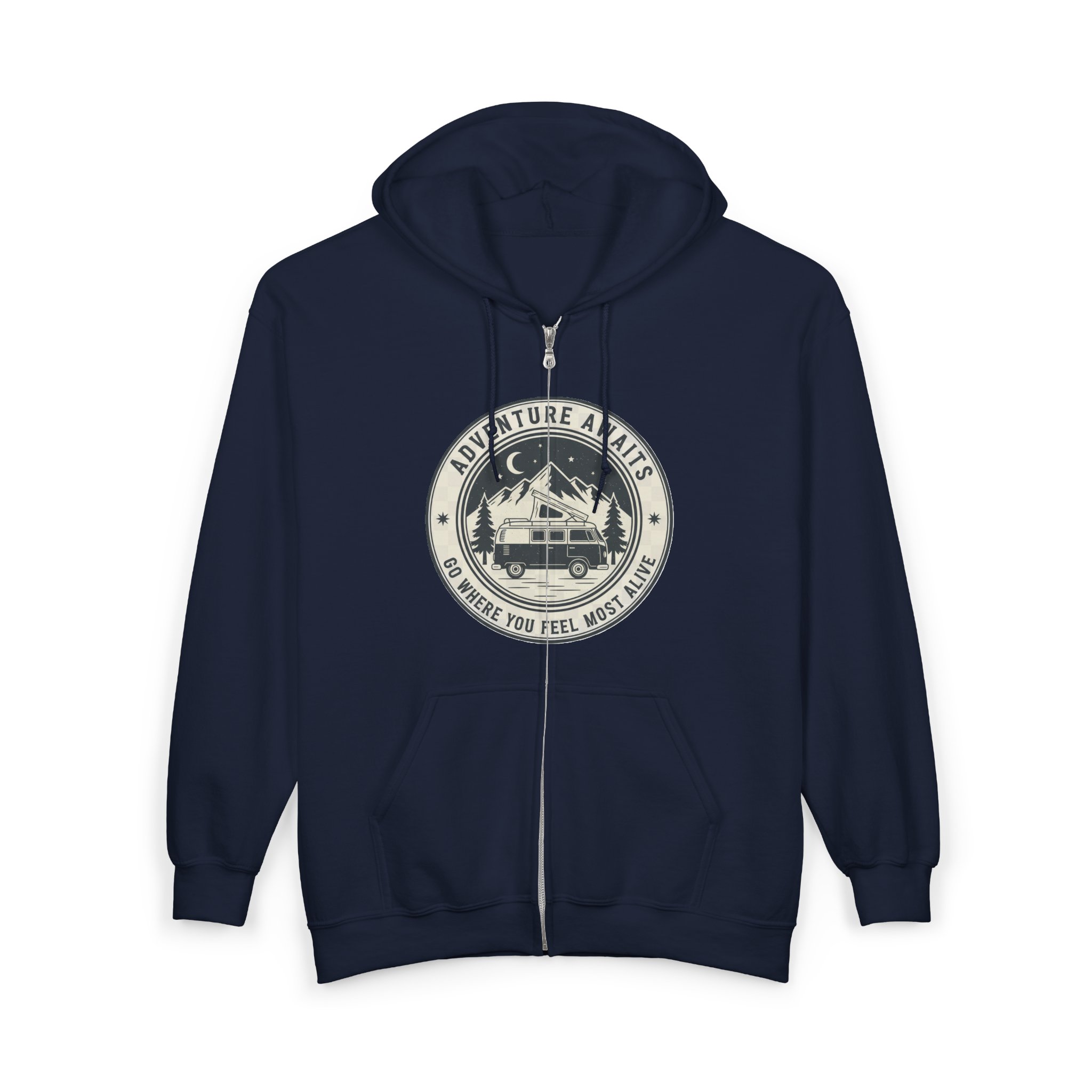 Zip Hoodie — "Adventure Awaits-Go Where You Feel Most Alive" (Only Front Printed) Camper Van Adventure Zip-Up