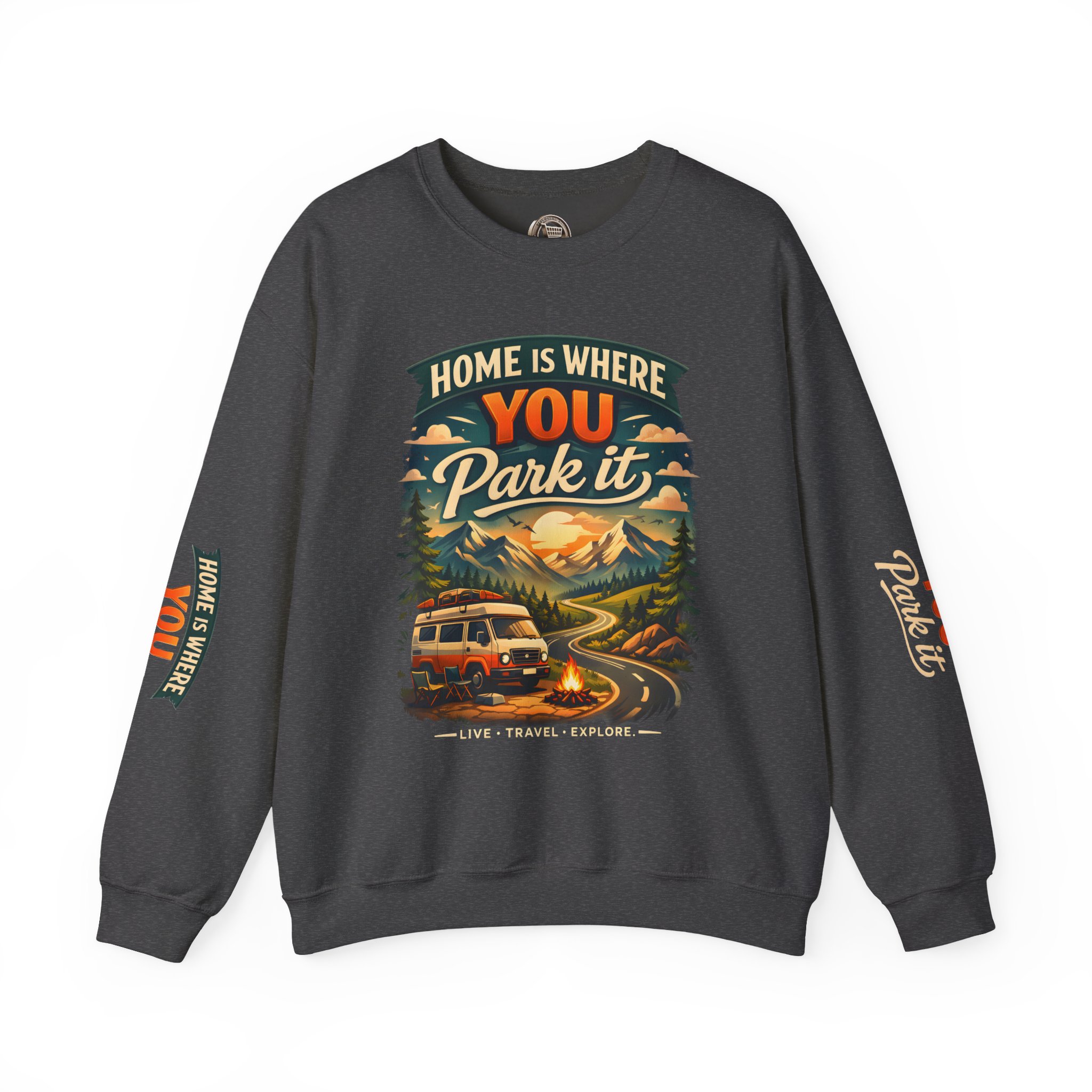 Unisex Heavy Blend™ Crewneck Sweatshirt — "Home Is Where You Park It" Design Scenic-Line