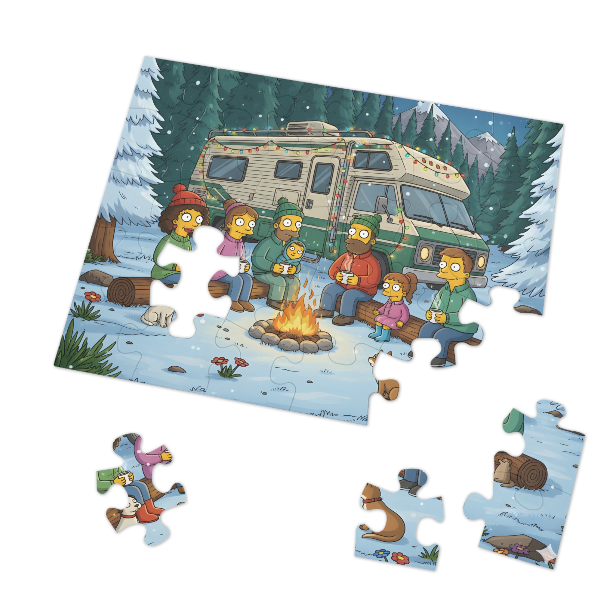 Jigsaw Puzzle with Tin — Cozy RV Winter Scene with Campfire