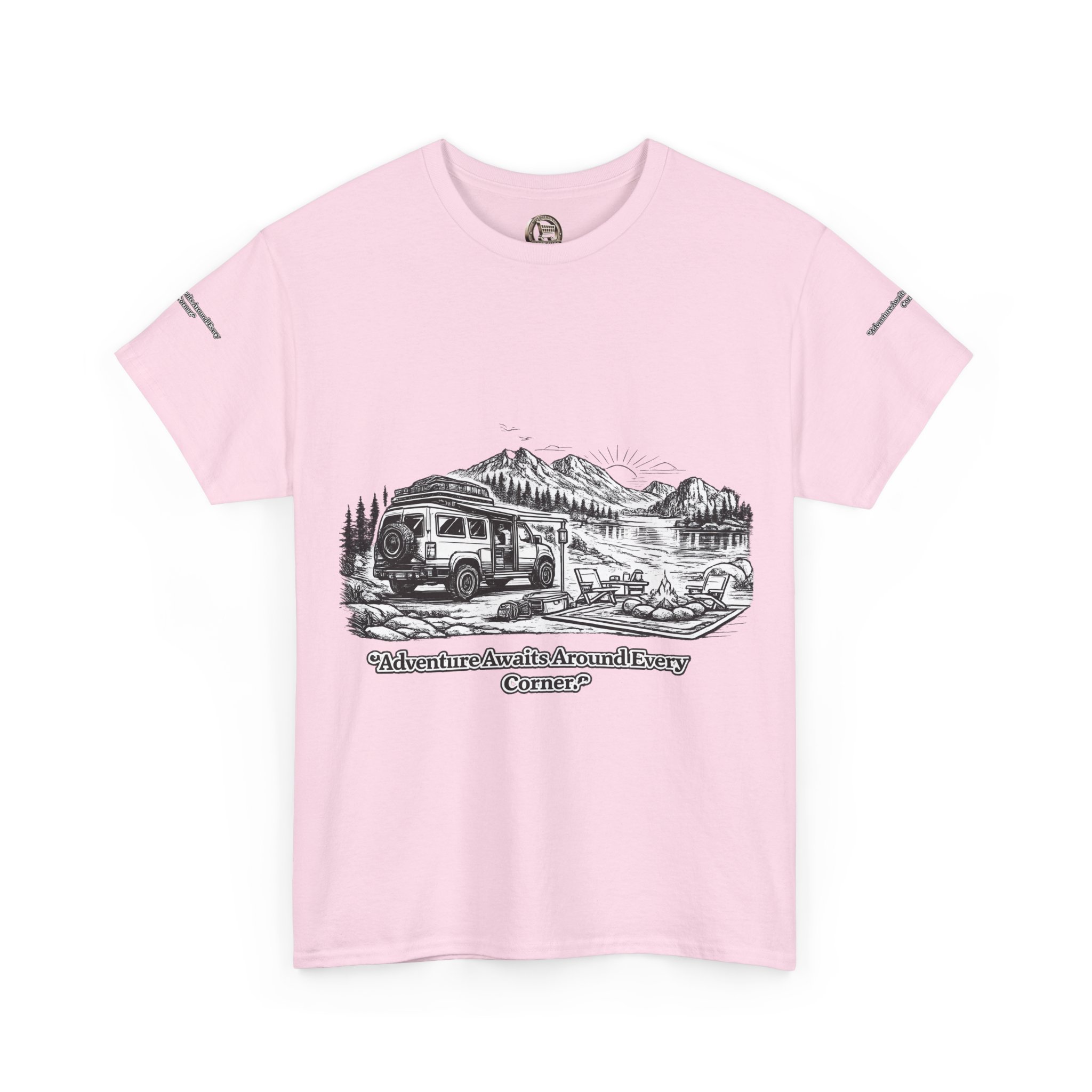 Unisex Heavy Cotton Tee — "Adventure Awaits Around Every Corner" Design Minimal-Line
