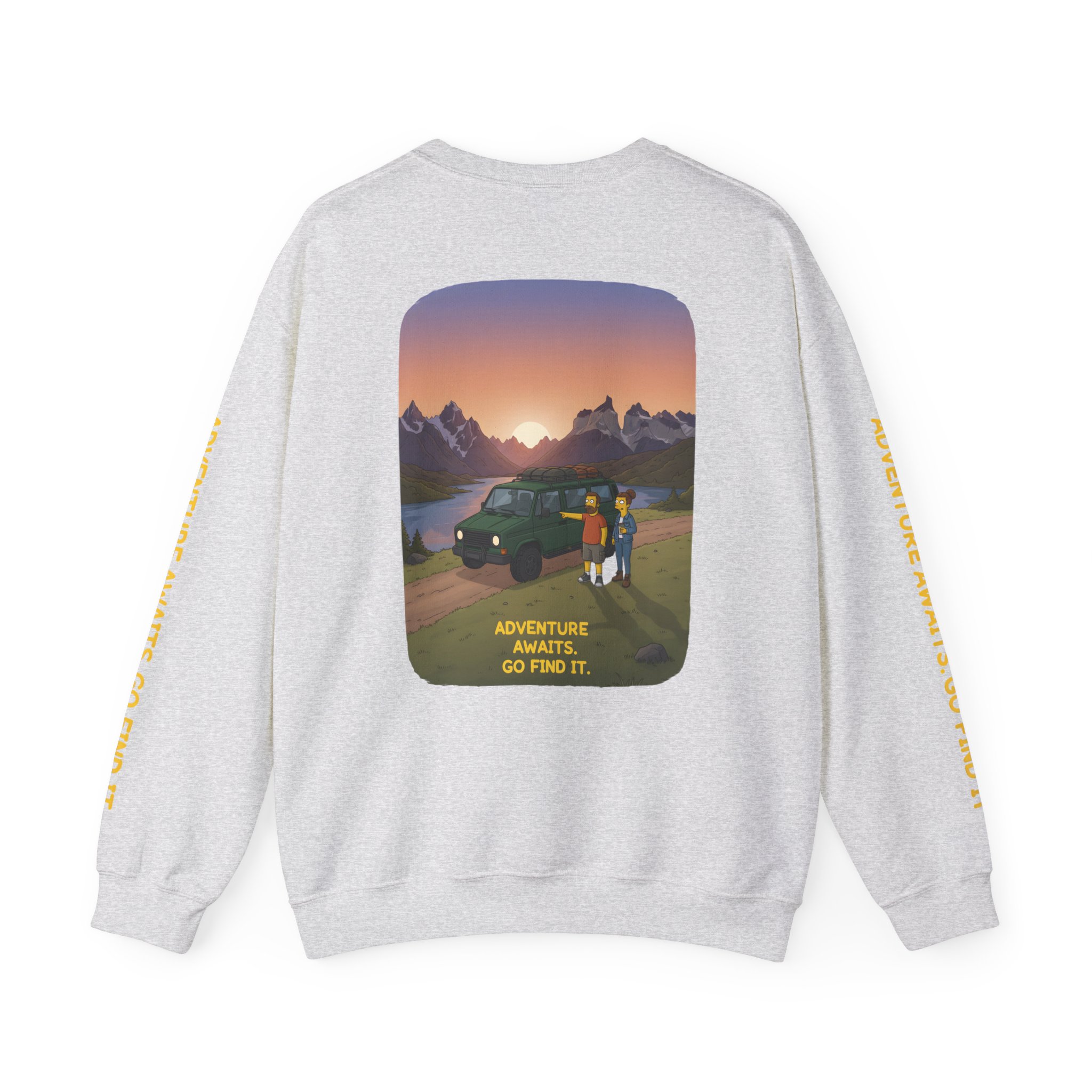 Unisex Heavy Blend™ Crewneck Sweatshirt — "Adventure Awaits-Go Find It" Design Sitcom-Line