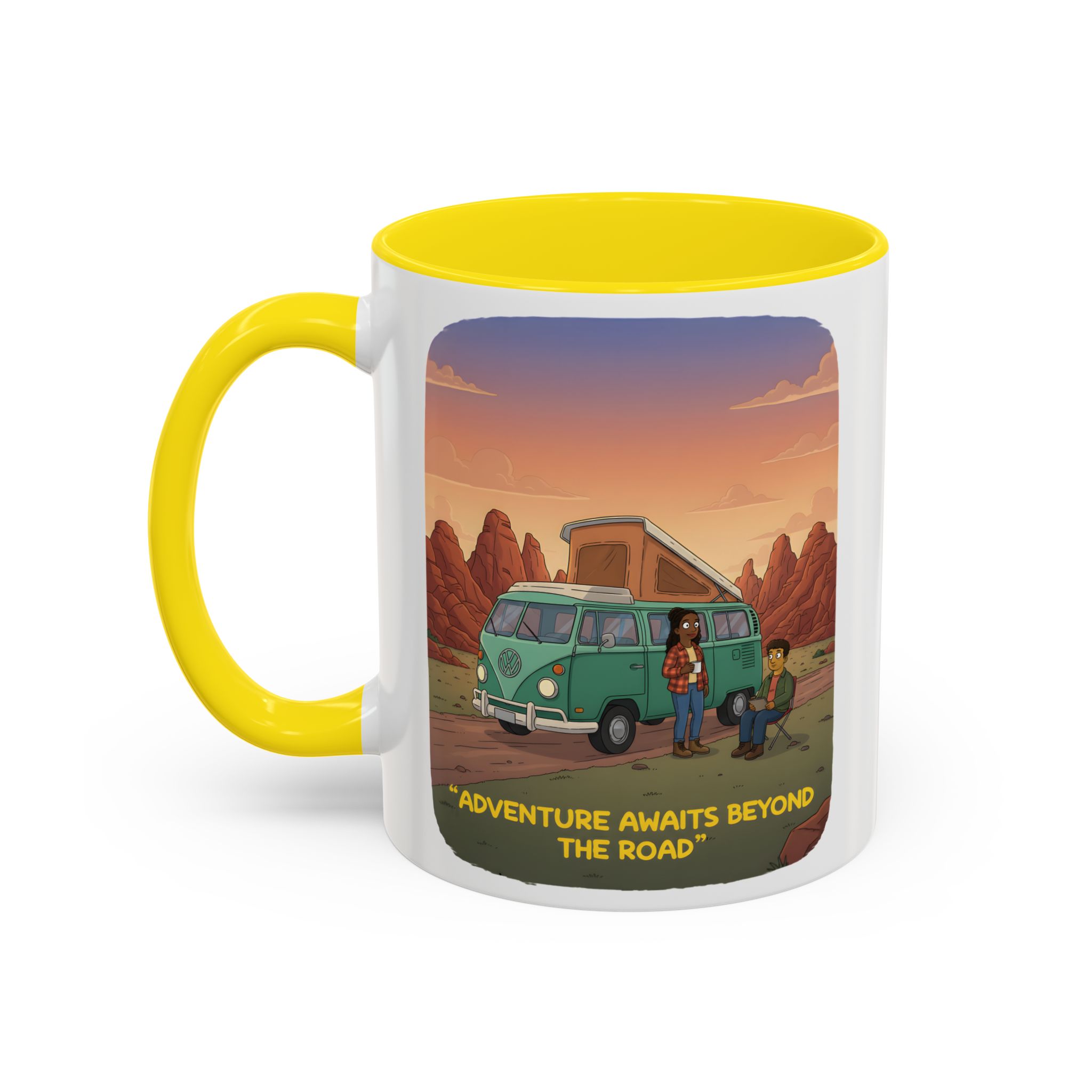 Accent Coffee Mug (11, 15oz) — "Adventure Awaits Beyond The Road" Design Sitcom-Line