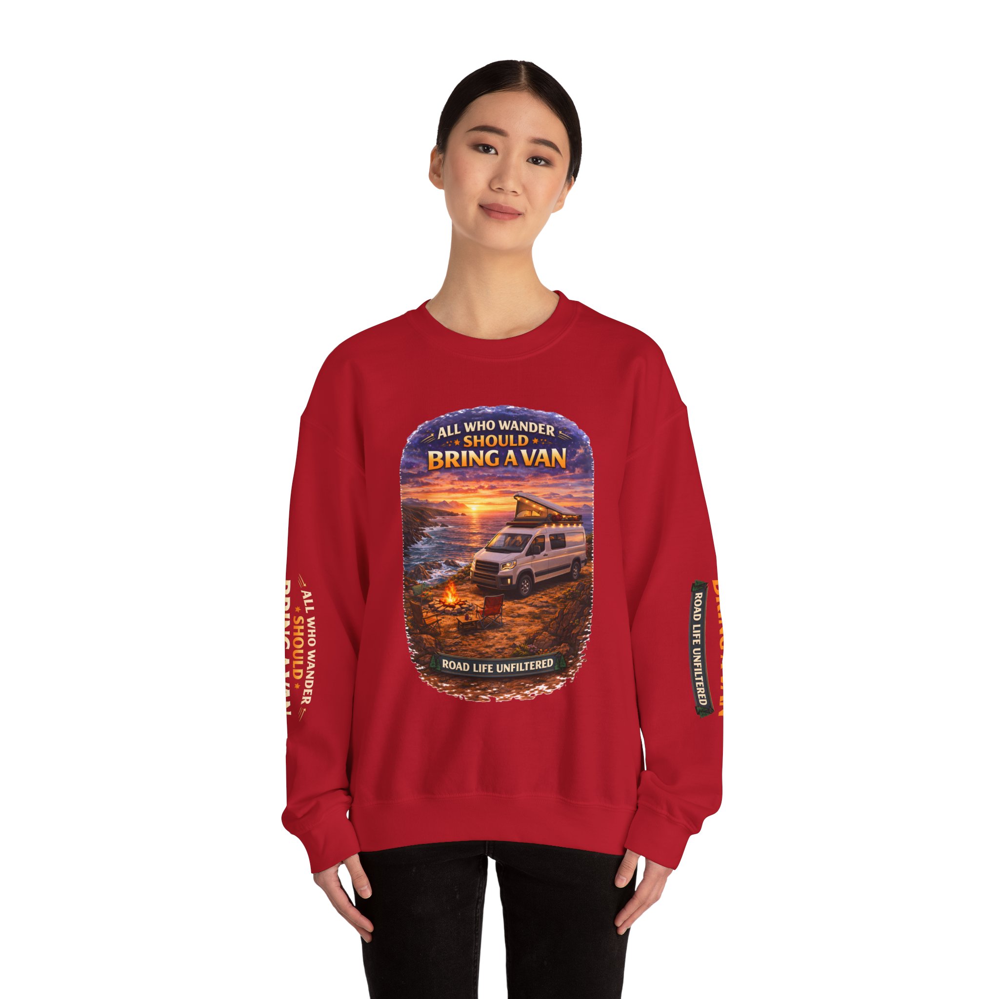 Unisex Heavy Blend™ Crewneck Sweatshirt — "All Who wander Should Bring A Van" Design Scenic-Line