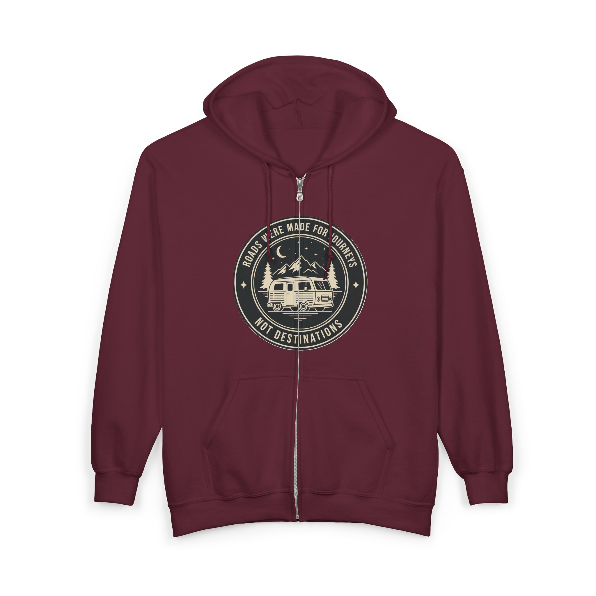 Zip Hoodie — "ROAD WHERE MADE FOR JOURNEYS-NOT DESTINATIONS"(Front + Back Printed) Camper Van Adventure Zip-Up