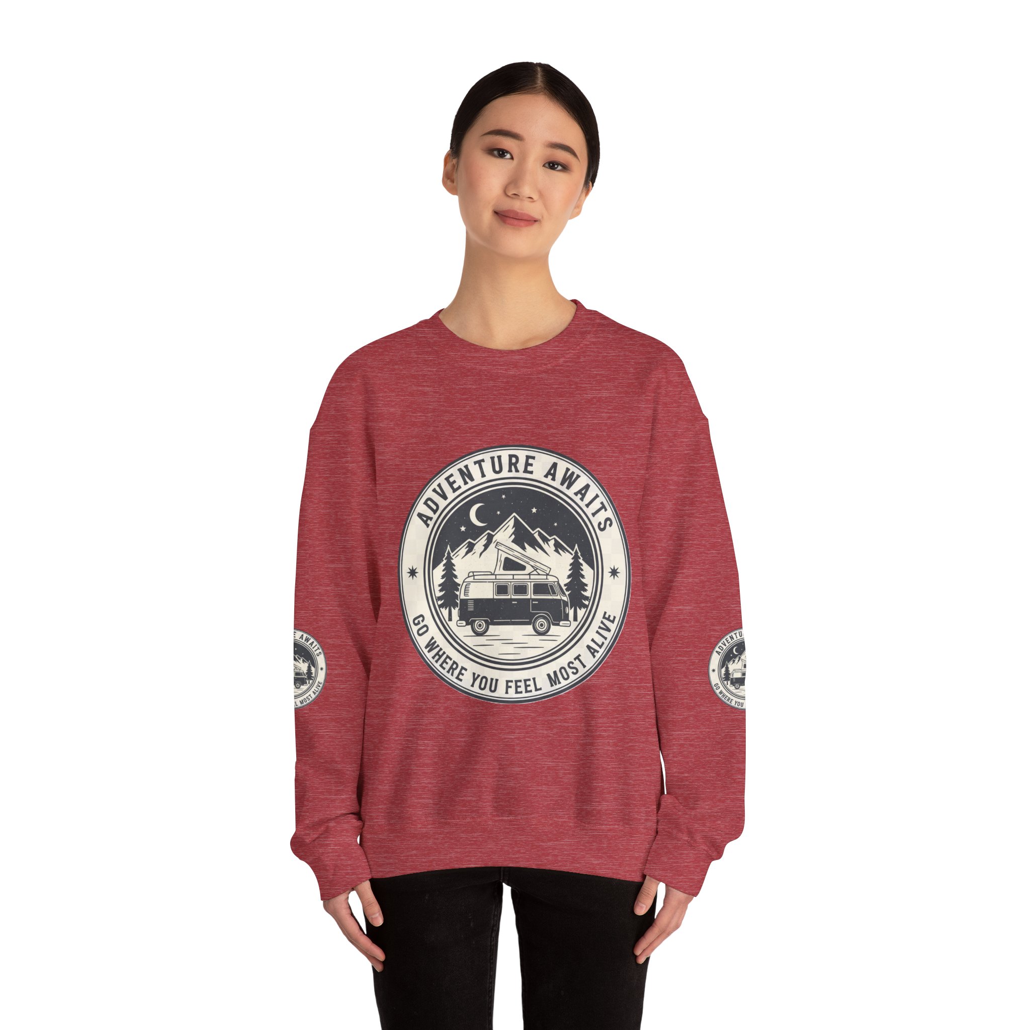 4925535699855821248_2048.jpeg Crewneck Sweatshirt — "Adventure Awaits-Go Where You Feel Most Alive" (Font + Back + Sleaves printed) Vintage Camper Van Outdoor Graphic