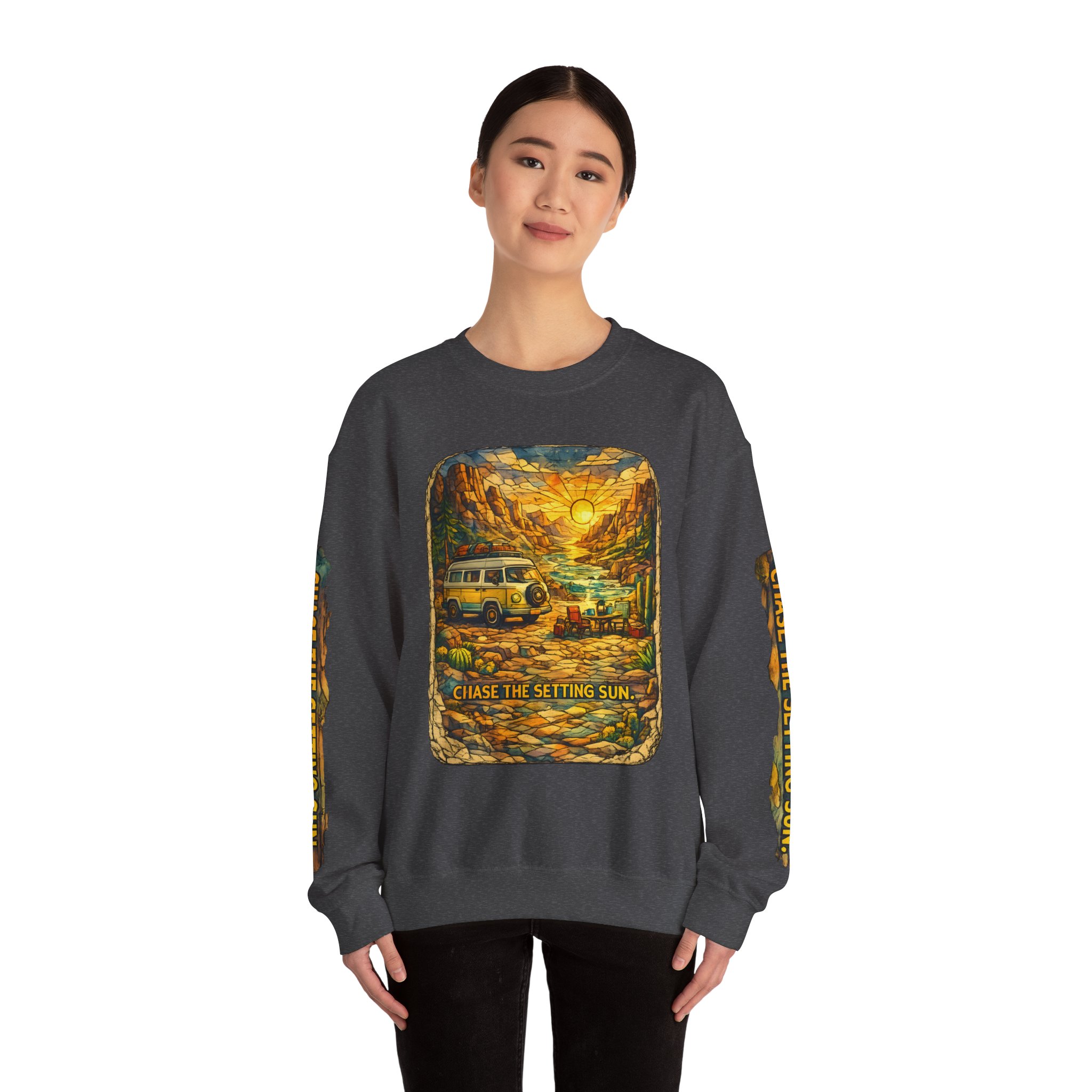 Unisex Heavy Blend™ Crewneck Sweatshirt — "Chase The Settings Sun" Design Cubic-Line