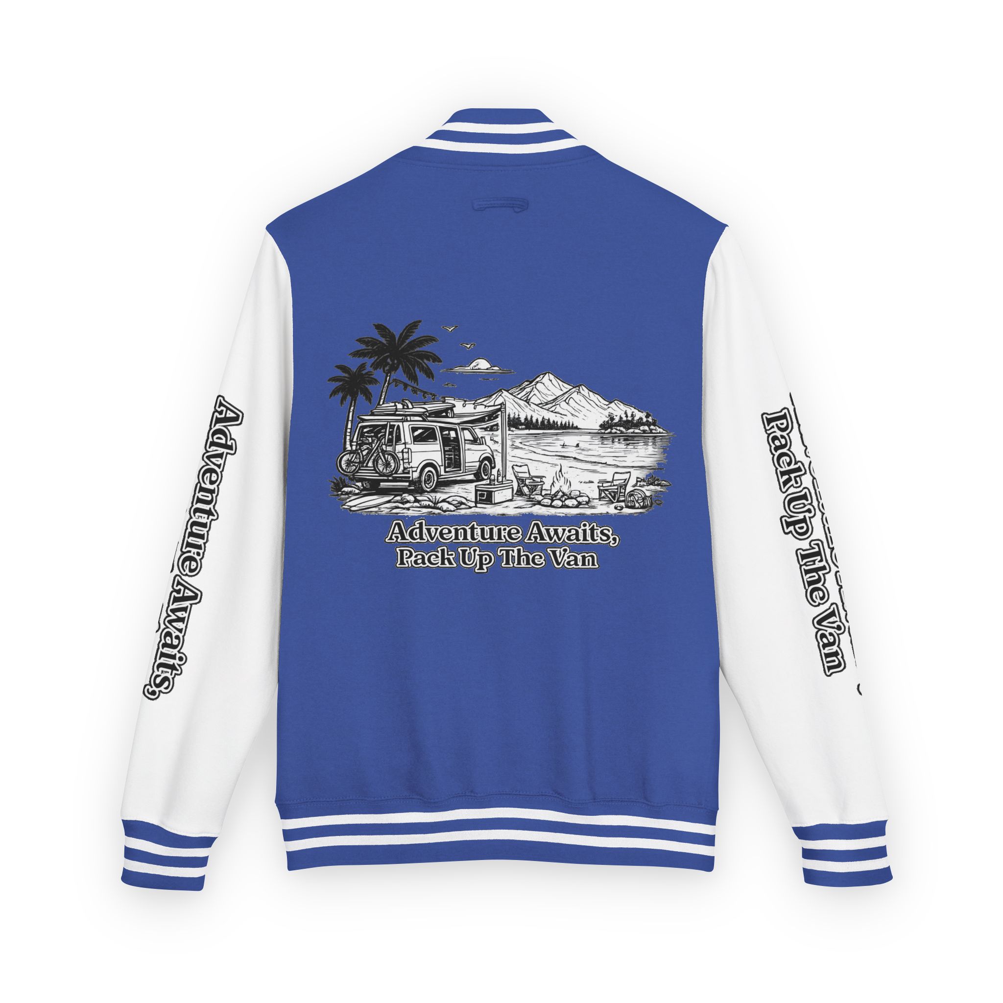 Unisex Heavyweight Letterman Jacket — "Adventure Awaits,Pack Up The Van" Travel Varsity Coat