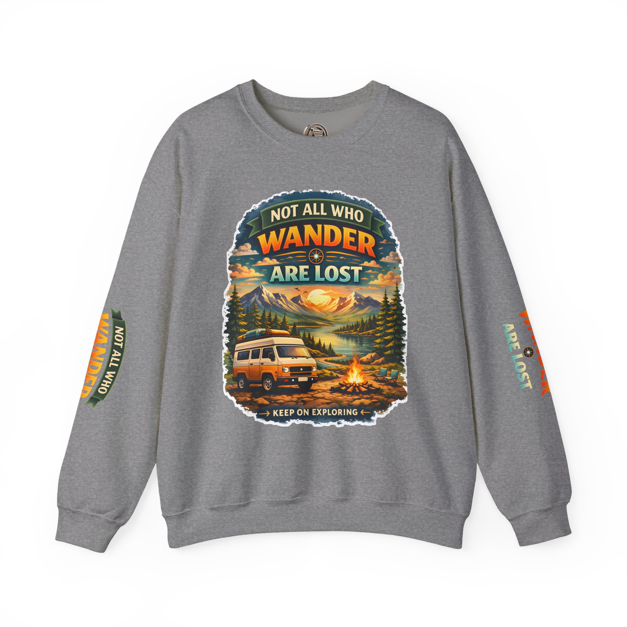 Unisex Heavy Blend™ Crewneck Sweatshirt — "Not All Who Wander Are Lost" Design Scenic-Line