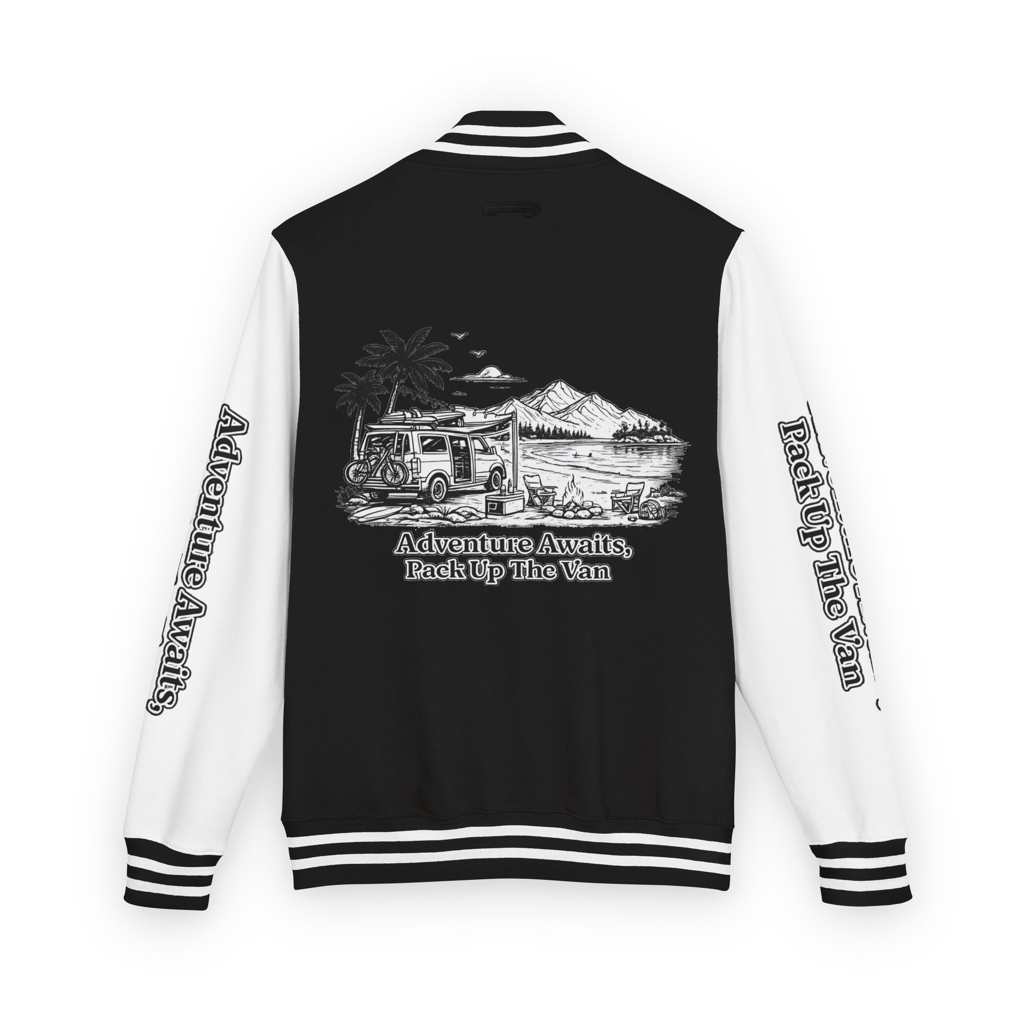 Unisex Heavyweight Letterman Jacket — "Adventure Awaits,Pack Up The Van" Travel Varsity Coat