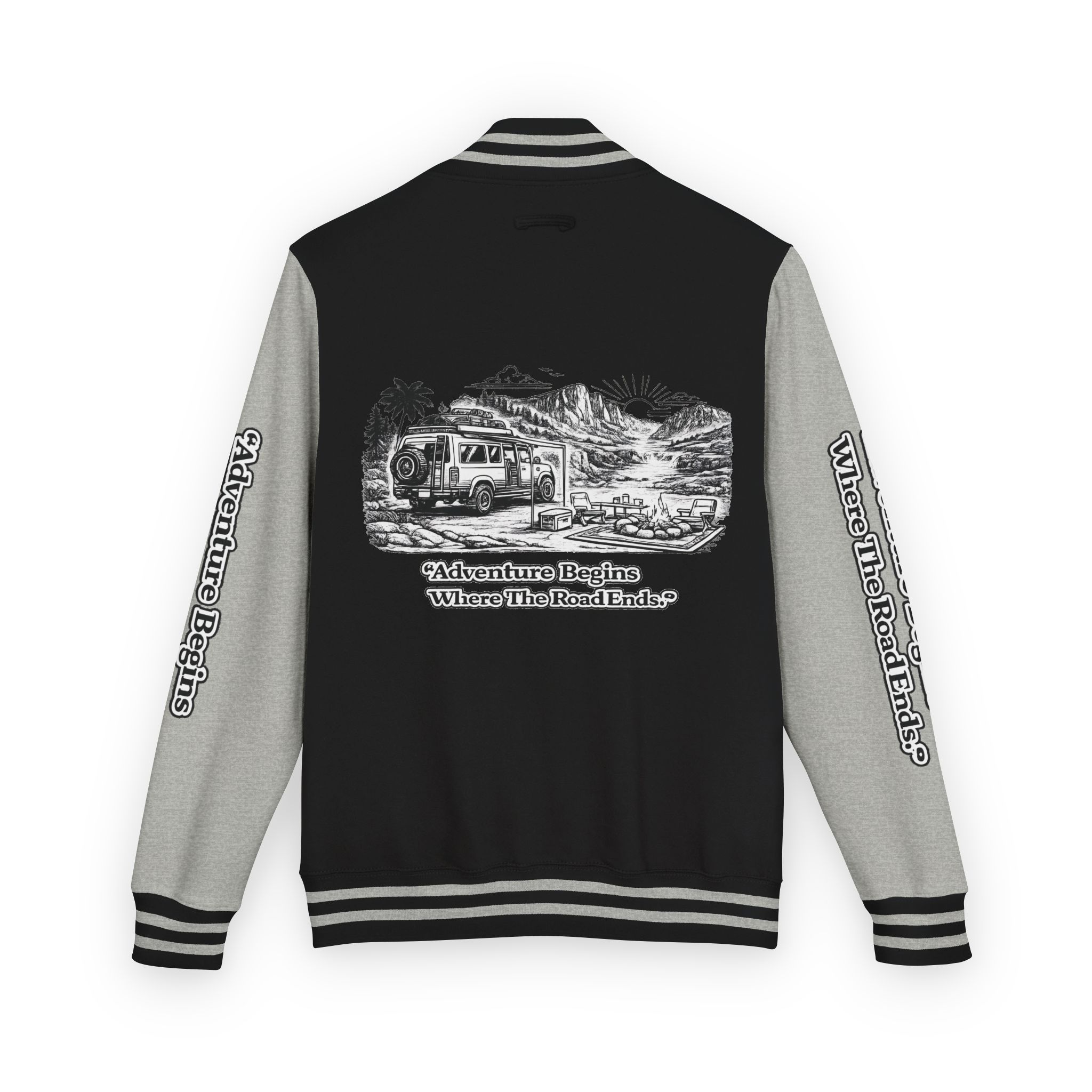 4964999676436320527_2048-1.jpeg Unisex Heavyweight Letterman Jacket — "Adventure Begins Where The Road Ends" Travel Varsity Coat