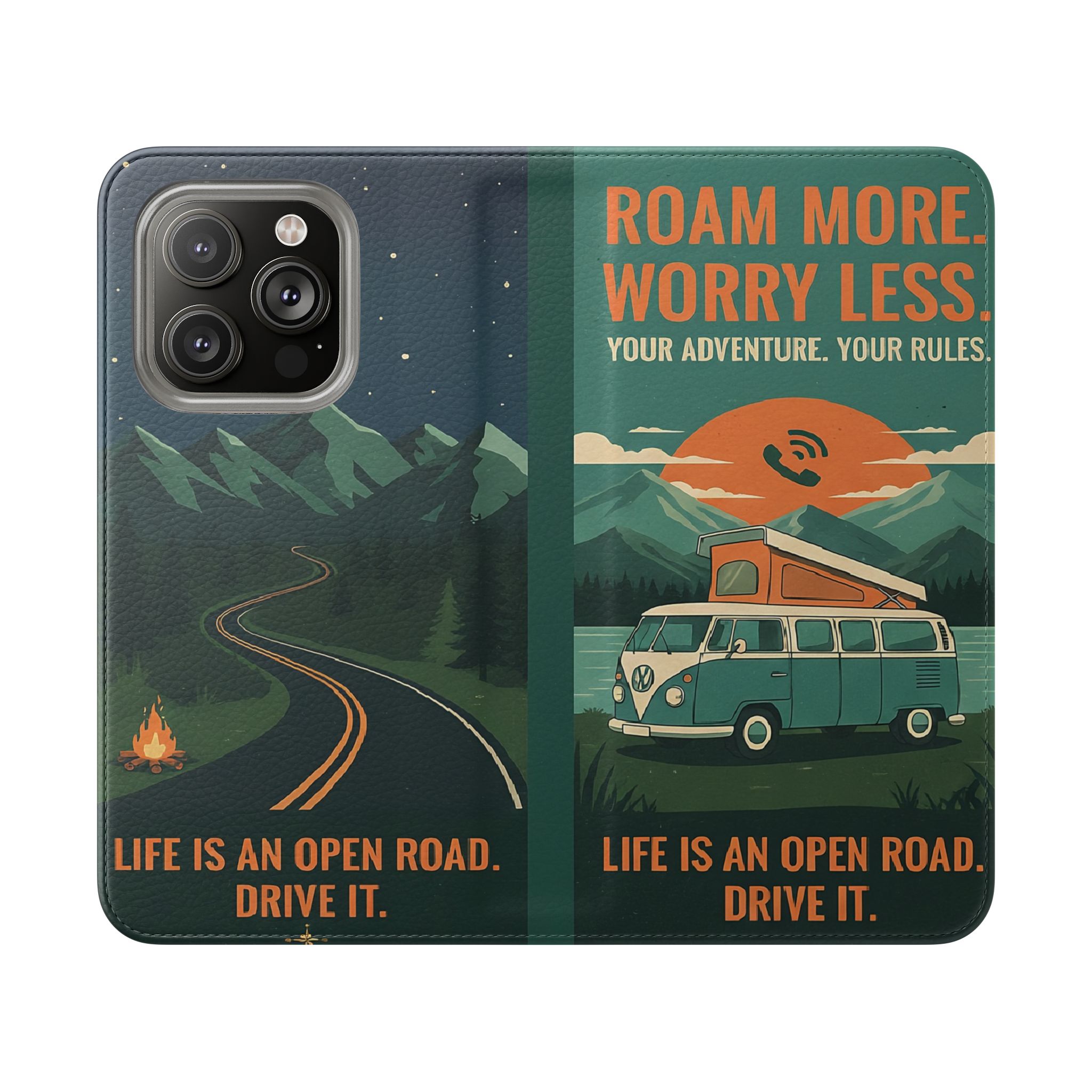 Flip Phone Case — "Roam More Worry Less - Life Is An Open Road" Phone Wallet
