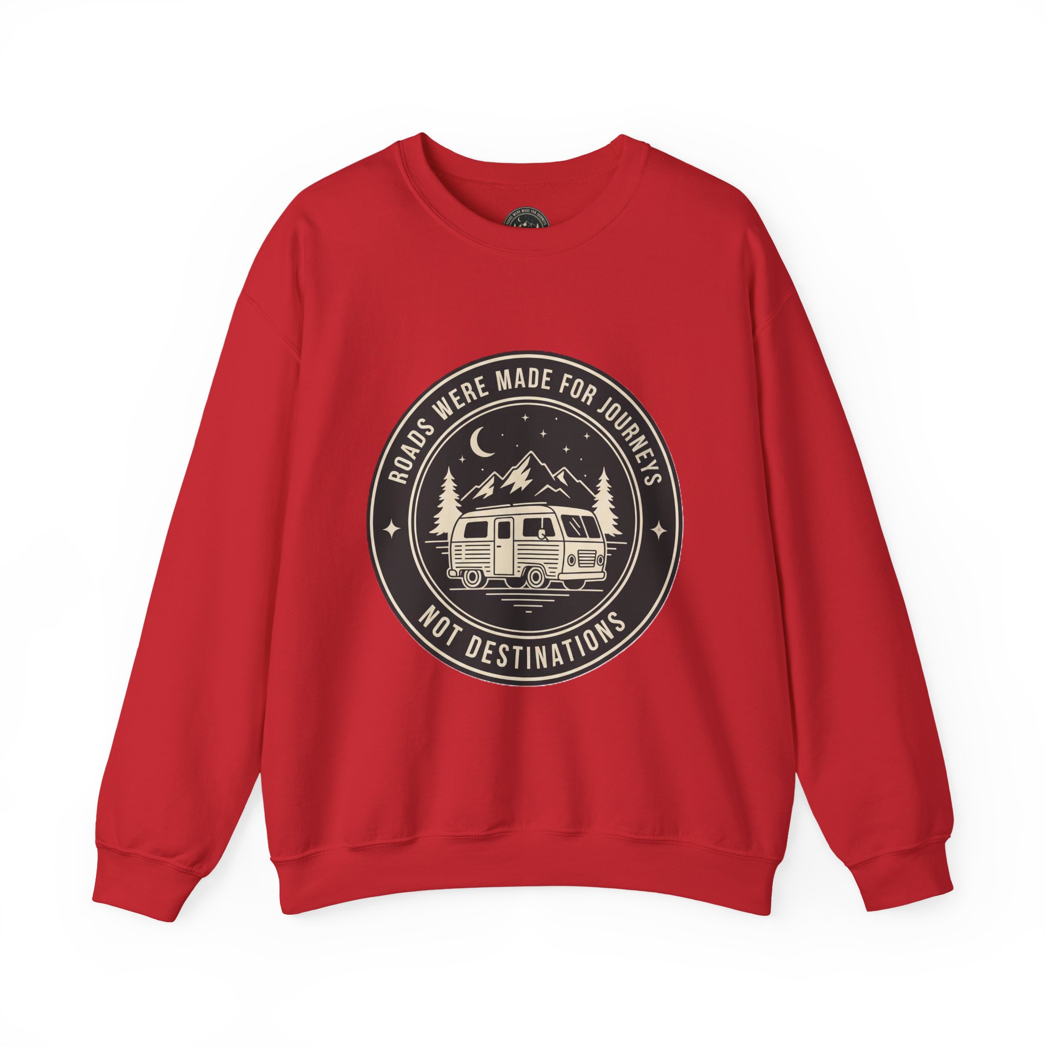 4993429093309490885_2048.jpeg Crewneck Sweatshirt — "ROAD WHERE MADE FOR JOURNEYS-NOT DESTINATIONS" (Ony Font printed) Vintage Camper Van Outdoor Graphic