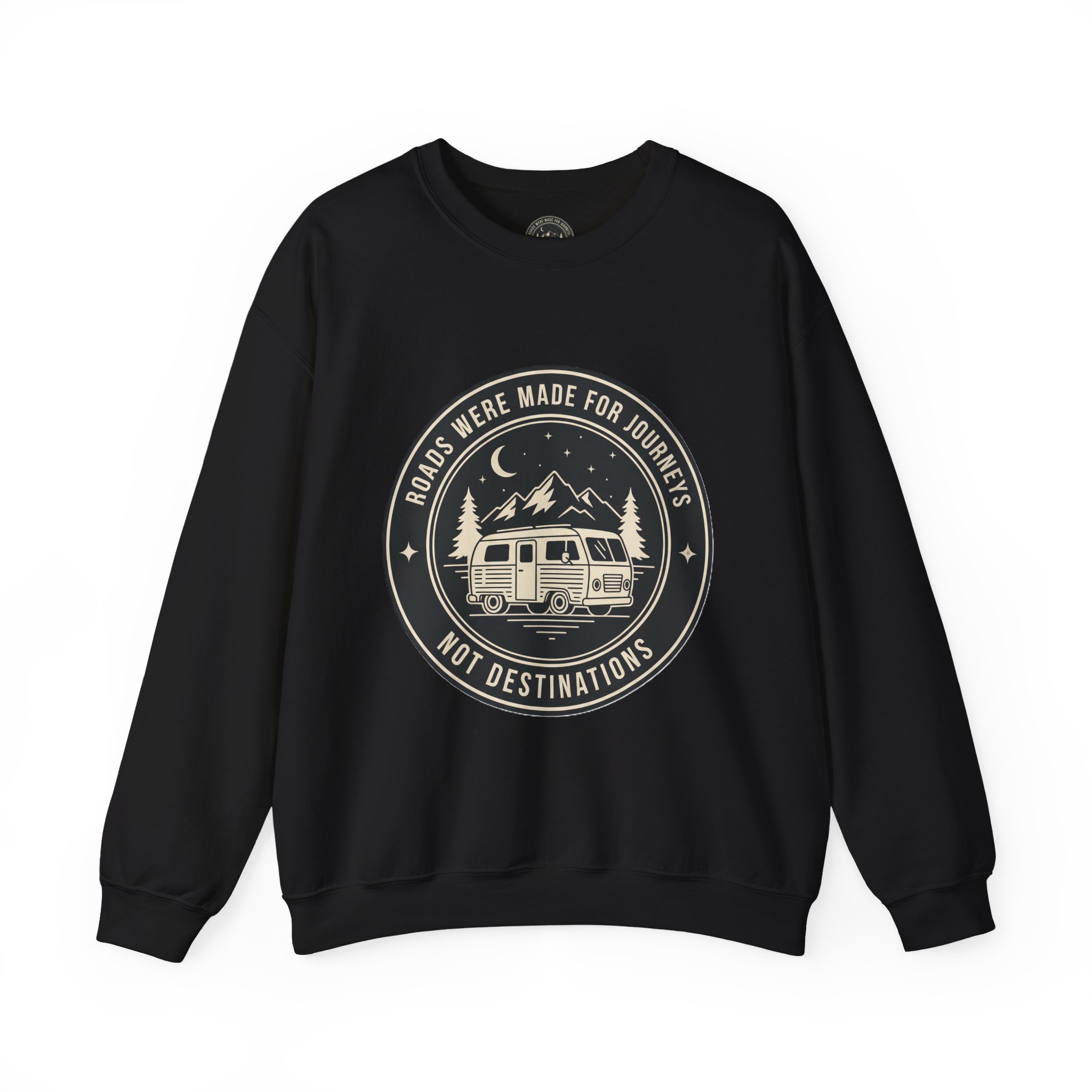 4999526694522709755_2048.jpeg Crewneck Sweatshirt — "ROAD WHERE MADE FOR JOURNEYS-NOT DESTINATIONS" (Ony Font printed) Vintage Camper Van Outdoor Graphic