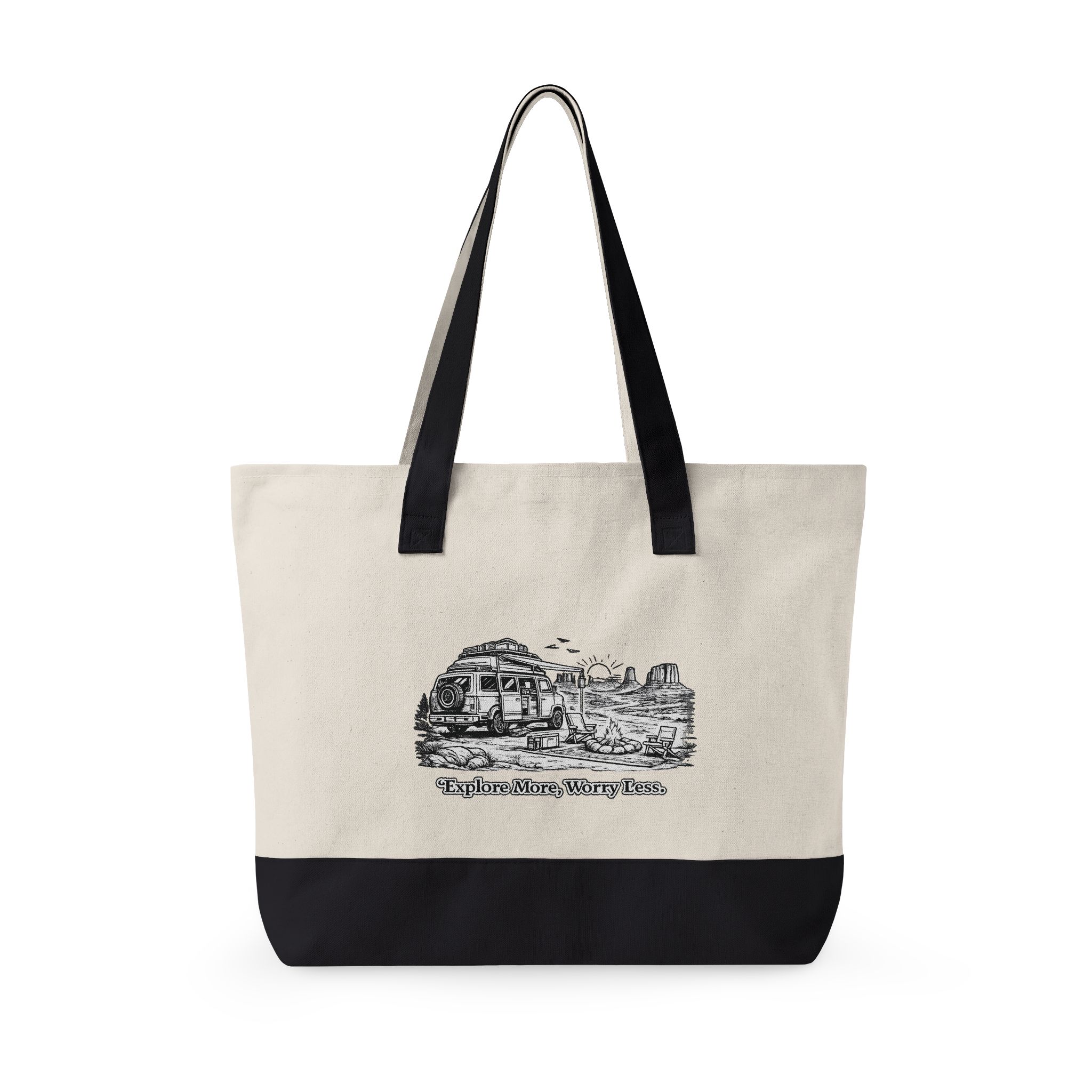 Zippered Canvas Tote — "Explore More, Worry Less" (Design Minimal-Line)