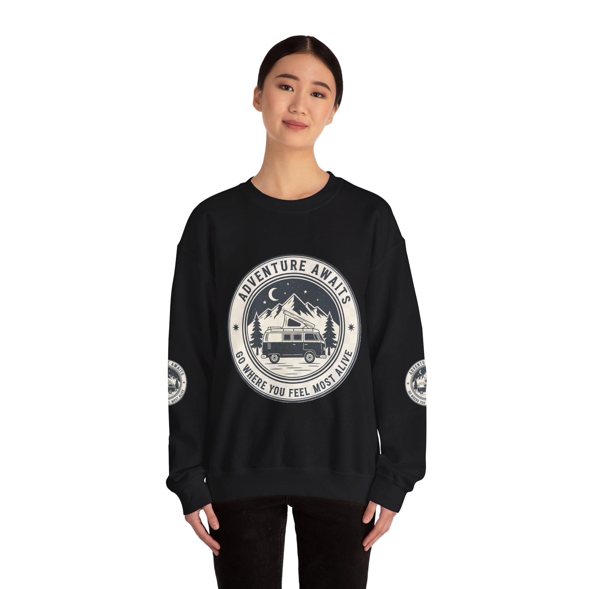 5017907642223796322_2048.jpeg Crewneck Sweatshirt — "Adventure Awaits-Go Where You Feel Most Alive" (Font + Back + Sleaves printed) Vintage Camper Van Outdoor Graphic