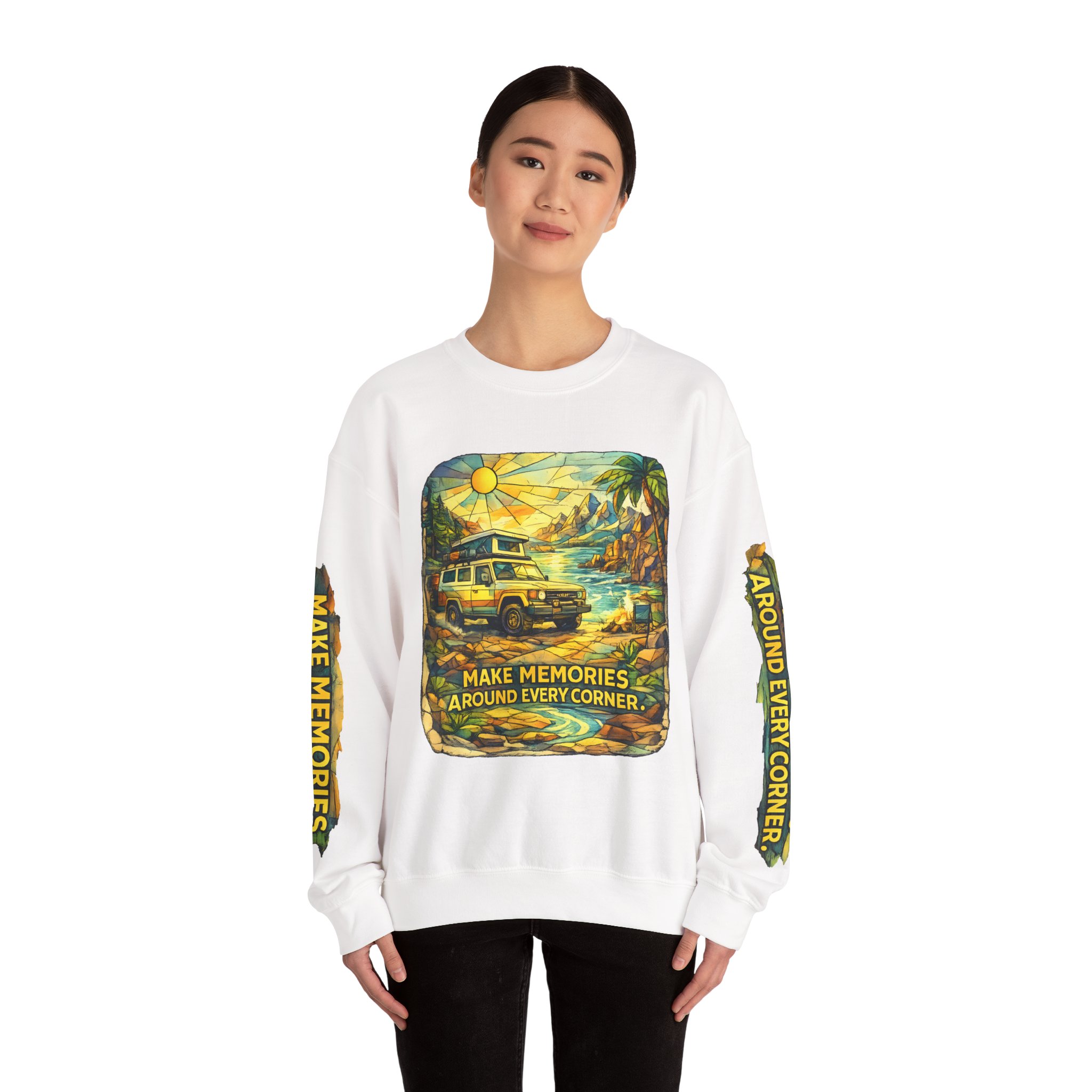 Unisex Heavy Blend™ Crewneck Sweatshirt — "Make Memories Around Every Corner" Design Cubic-Line