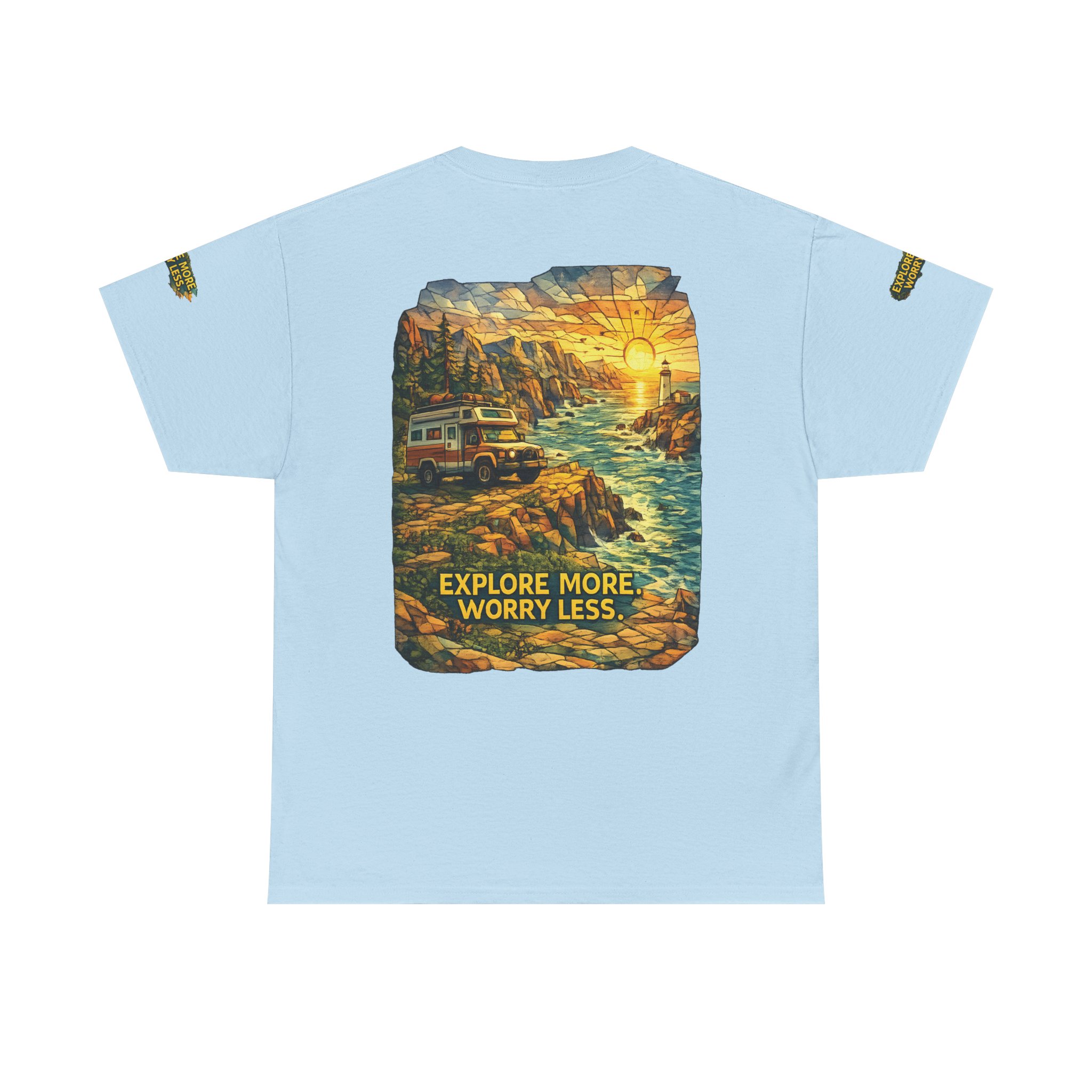 Unisex Heavy Cotton Tee — "Explore More Worry Less" Design Cubic-Line