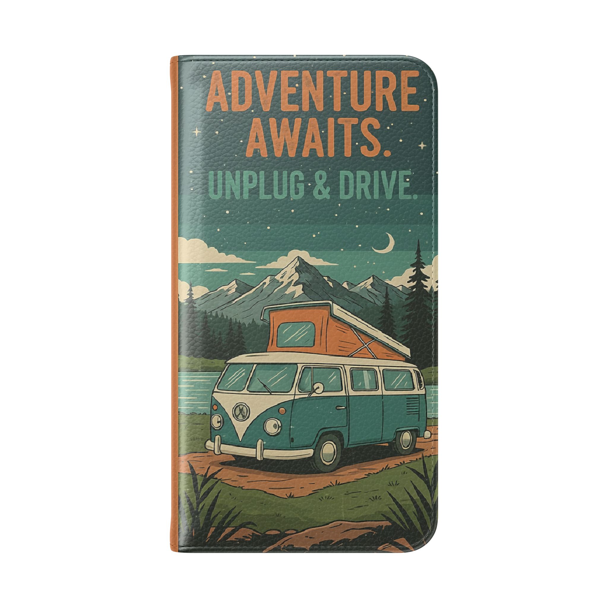 Flip Phone Case — "Adventure Awaits Unplug & Drive" Wallet Case