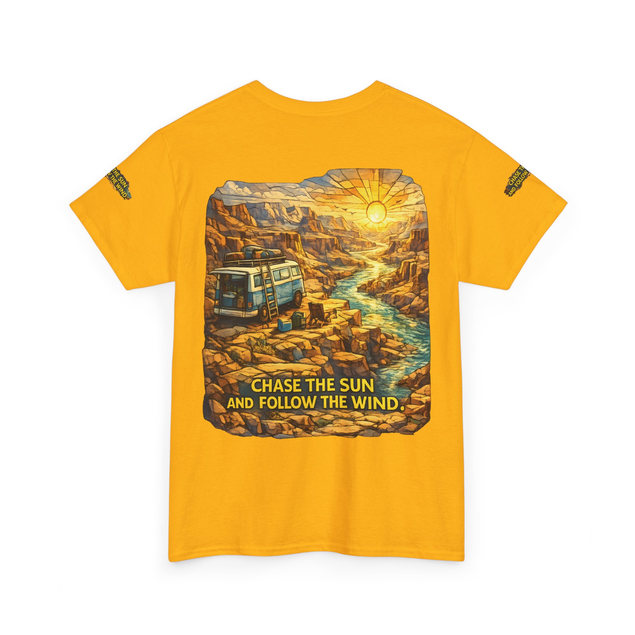5035850609241123242_2048.jpeg Unisex Heavy Cotton Tee — "Chase The Sun And Follow The Wind" Design Cubic-Line