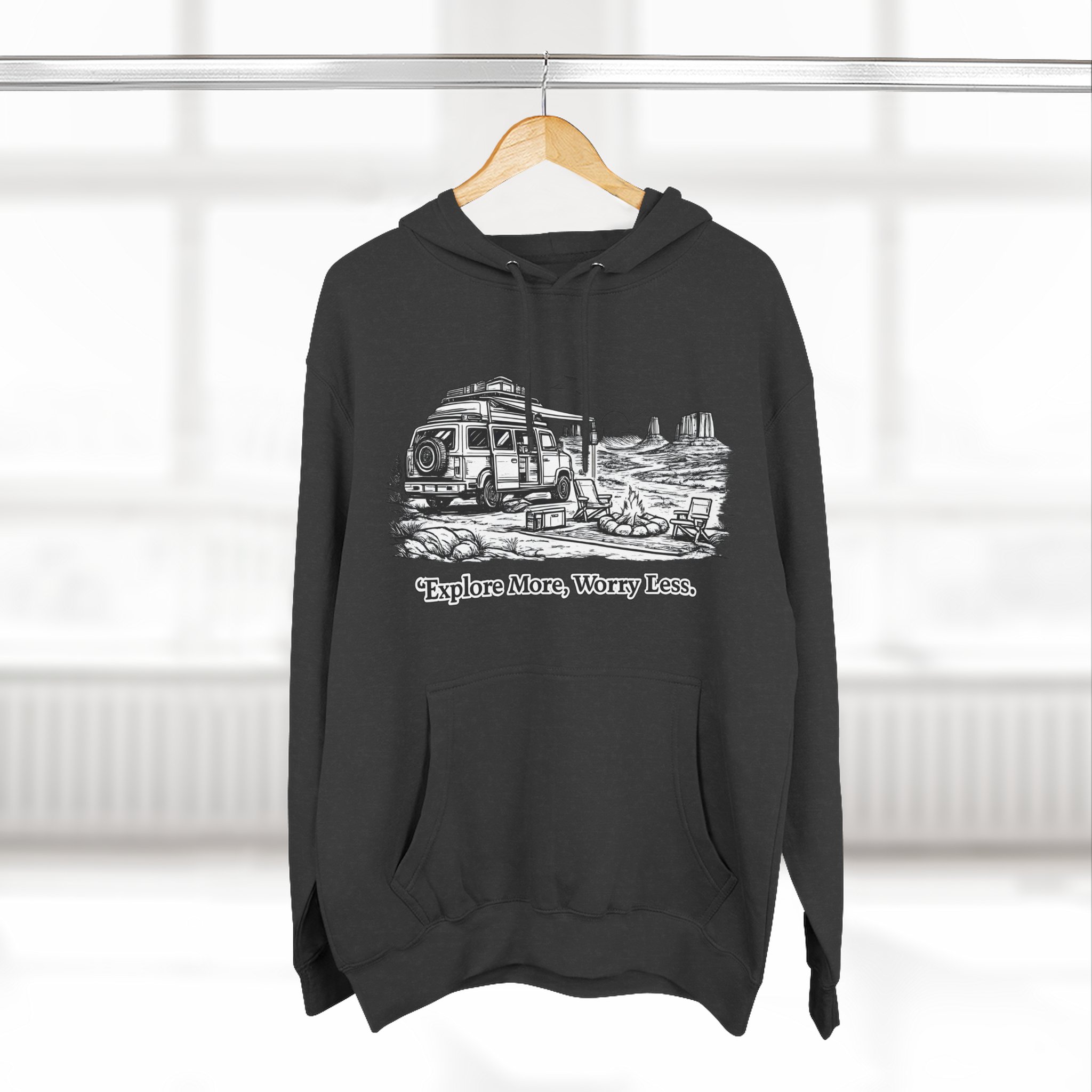 Three-Panel Fleece Hoodie - "Explore More Worry Less" Design Minimal-Line