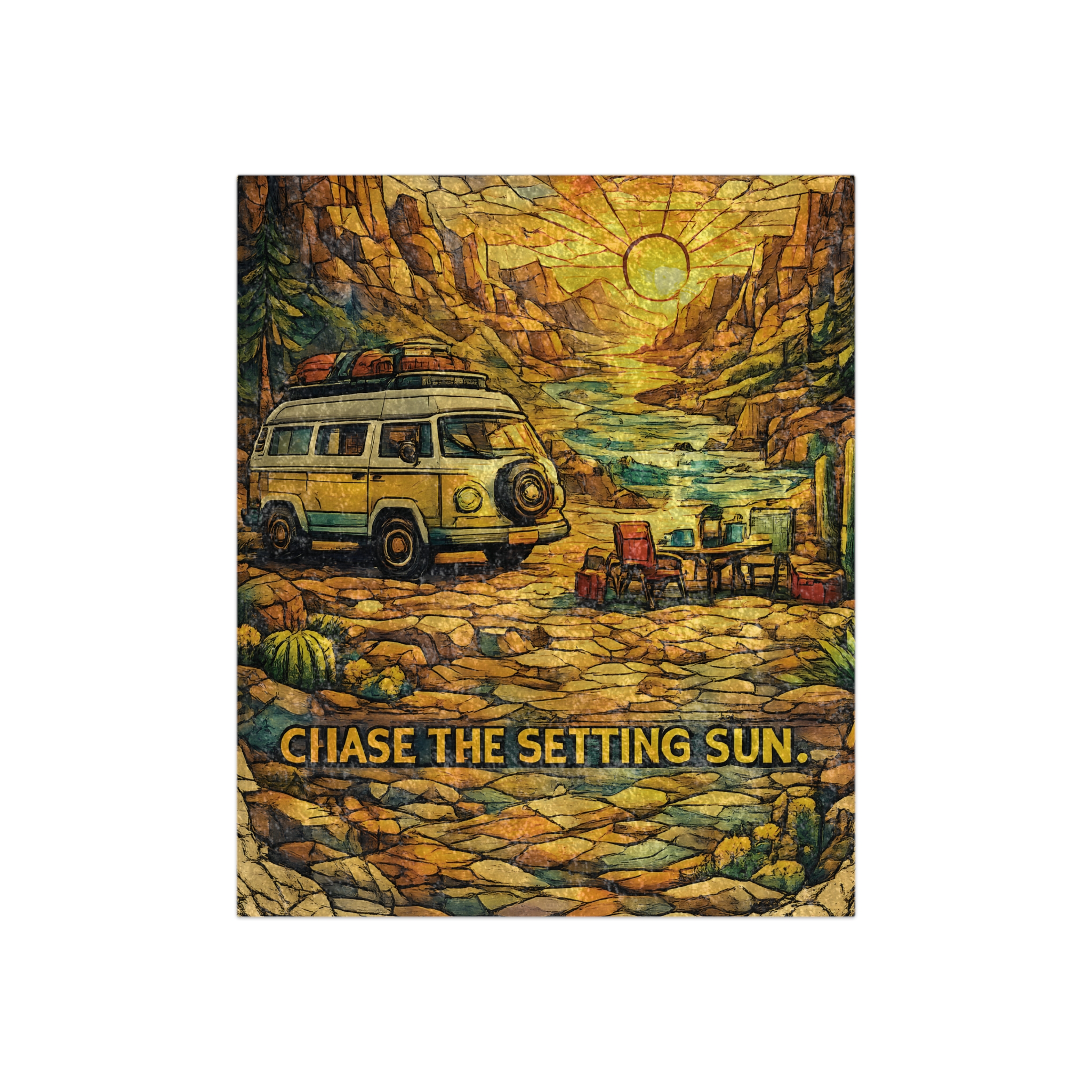 Crushed Velvet Blanket —"Chase The Settings Sun" Design Cubic-Line(Campervan)