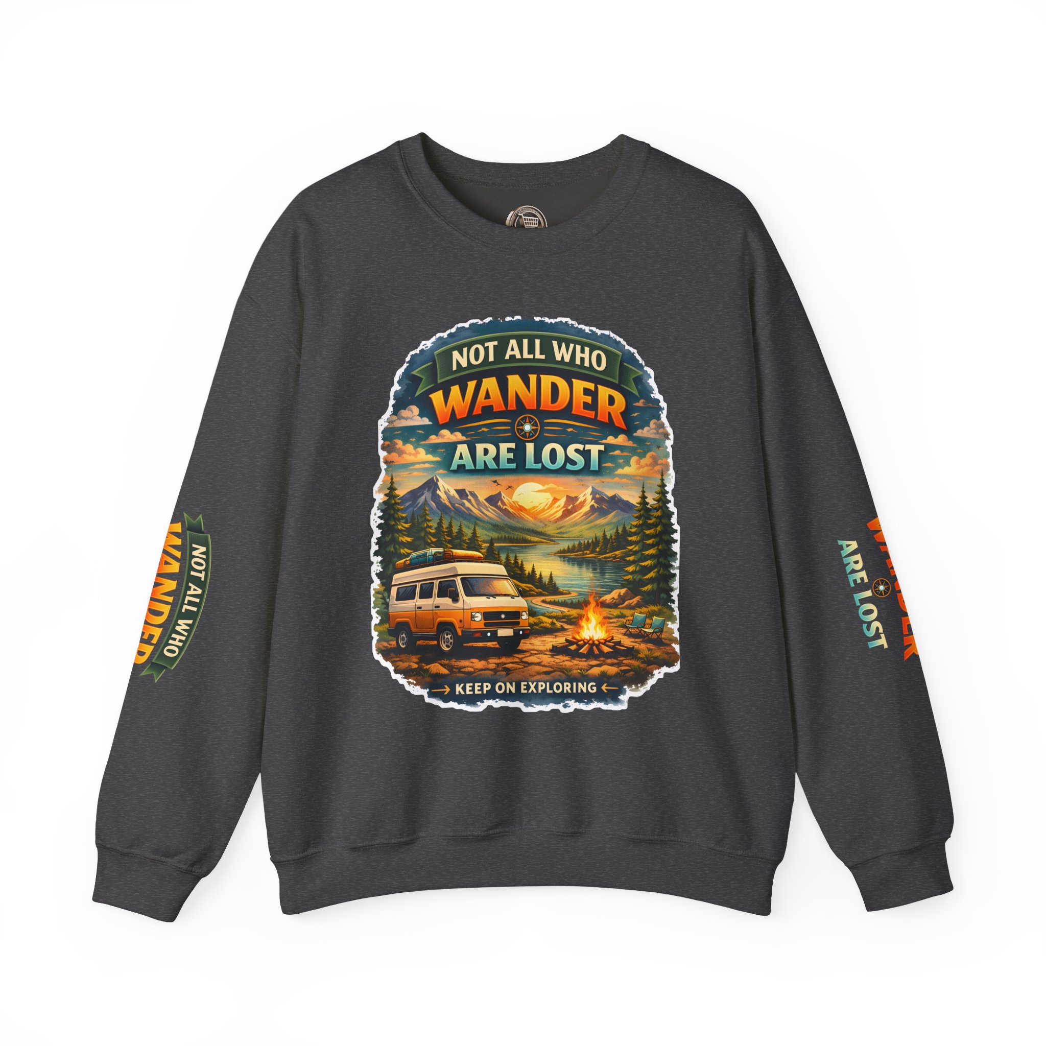 Unisex Heavy Blend™ Crewneck Sweatshirt — "Not All Who Wander Are Lost" Design Scenic-Line
