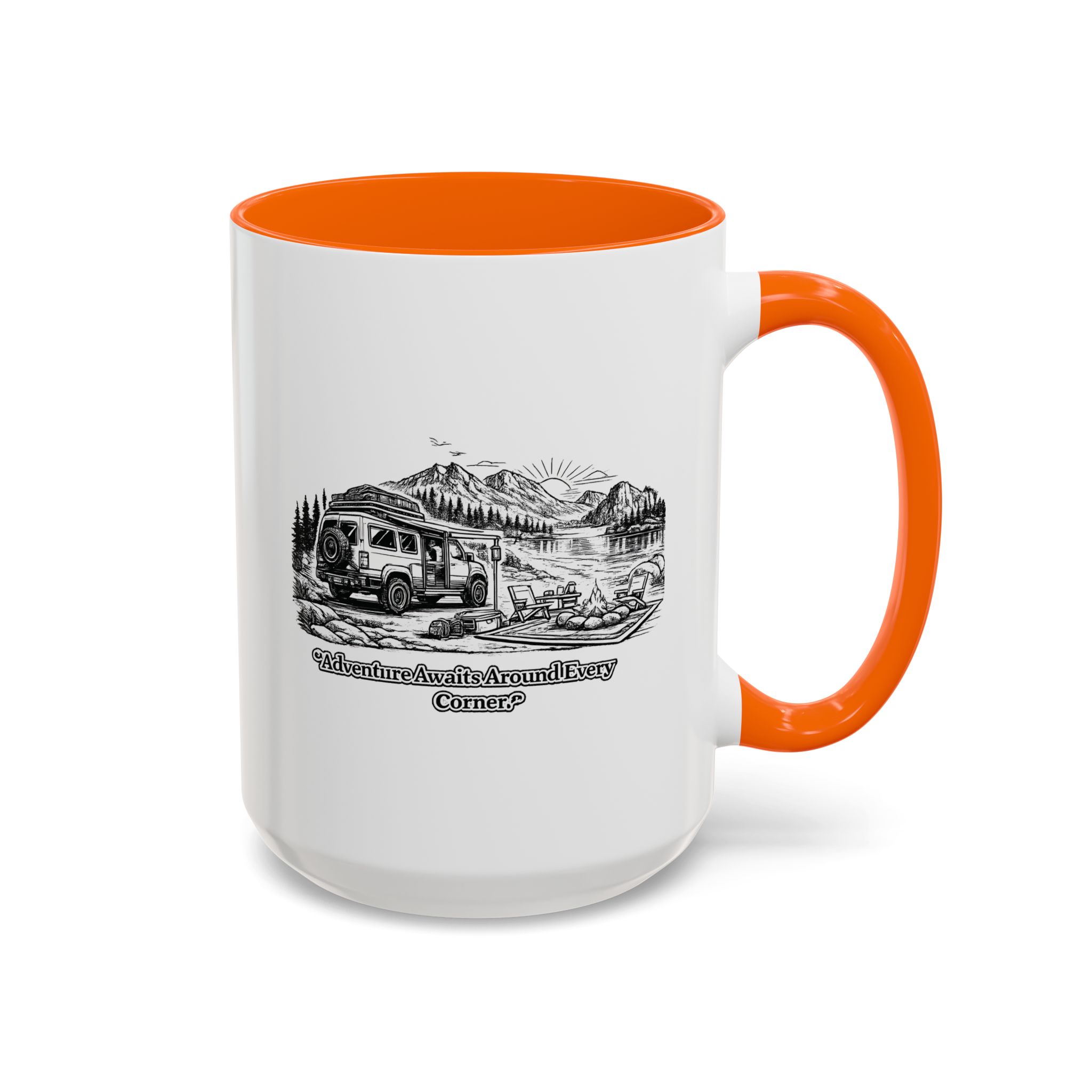 Accent Coffee Mug (11, 15oz) — "Adventure Awaits Around Every Corner" Design Minimal-Line