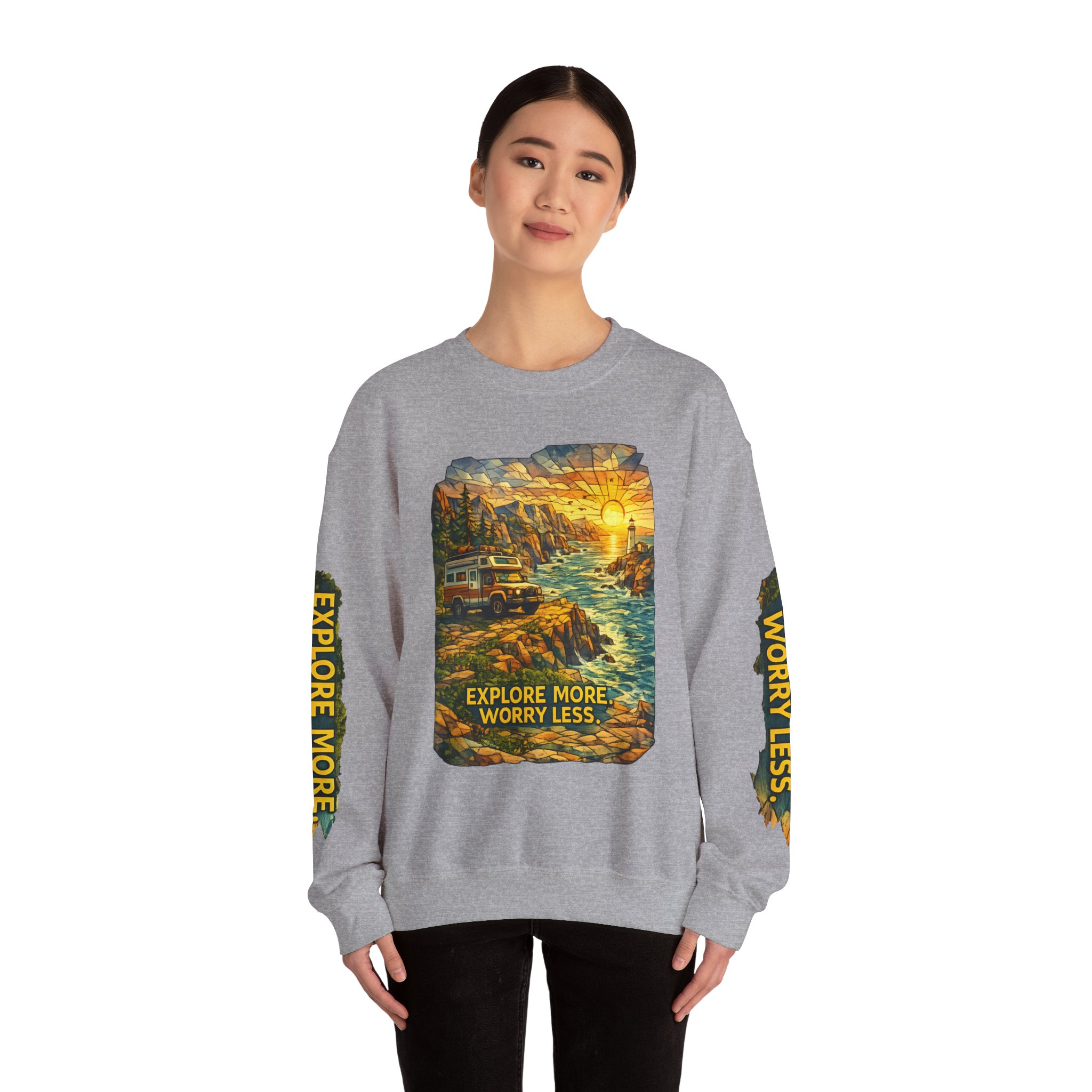 Unisex Heavy Blend™ Crewneck Sweatshirt — "Explore More Worry Less" Design Cubic-Line