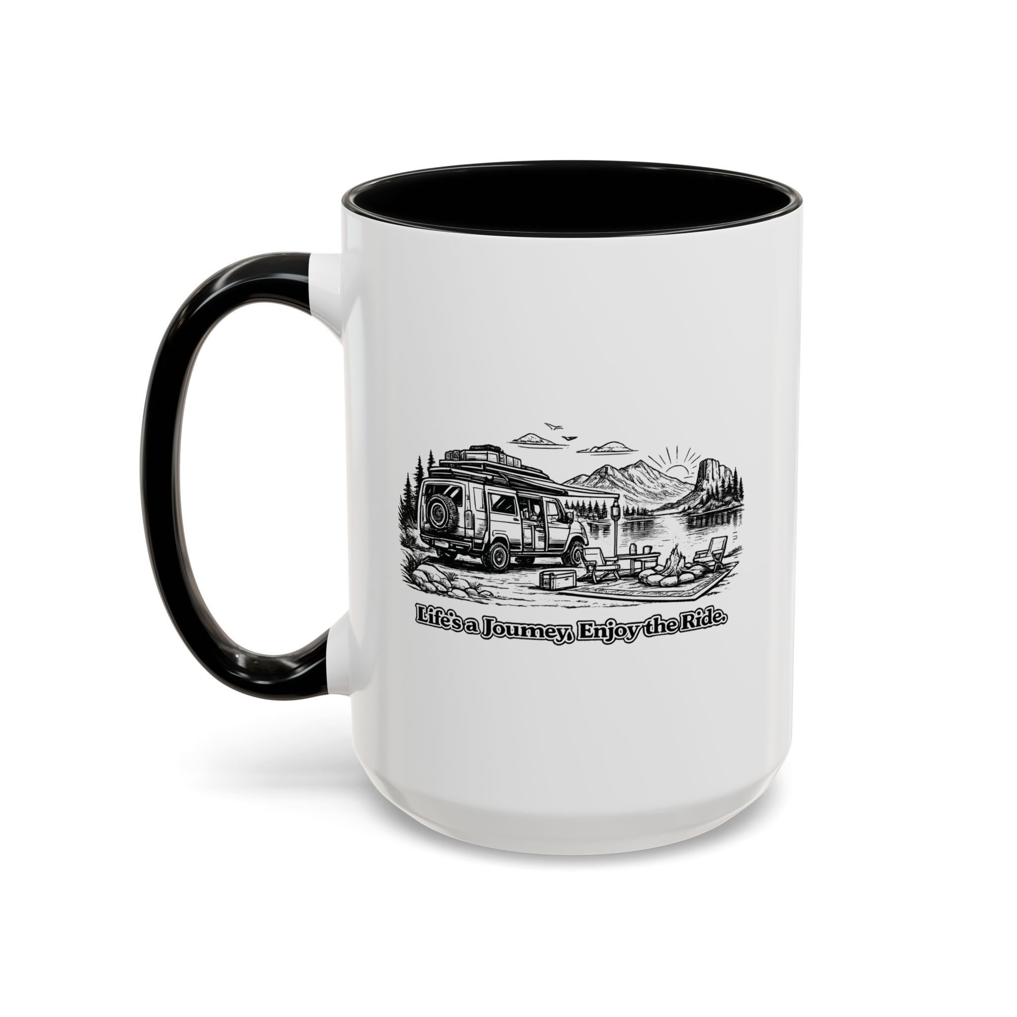 Accent Coffee Mug (11, 15oz) — "Lifes A Journey,Enjoy The Ride" Design Minimal-Line