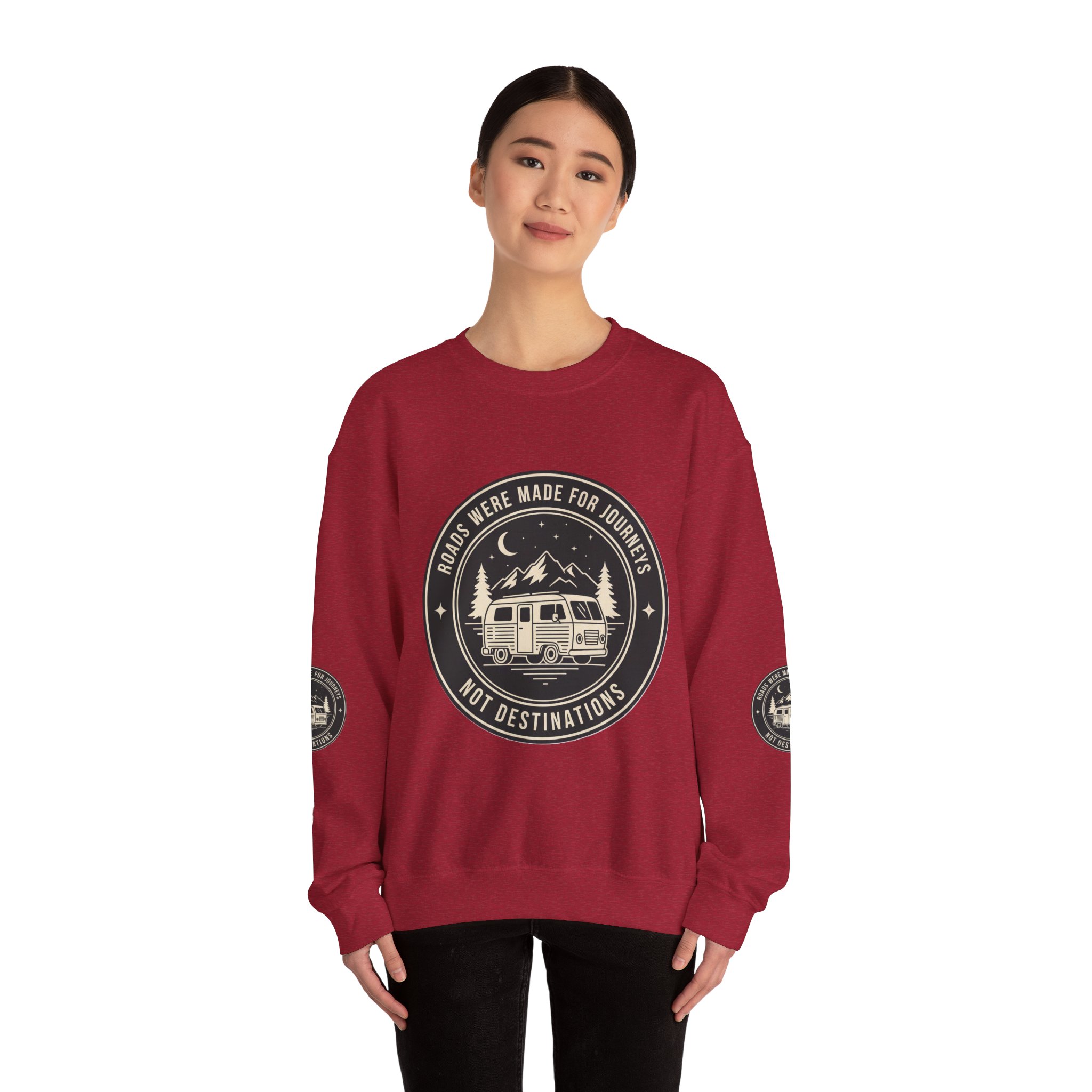 Crewneck Sweatshirt — "ROAD WHERE MADE FOR JOURNEYS-NOT DESTINATIONS" (Font + Back + Sleaves printed) Vintage Camper Van Outdoor Graphic