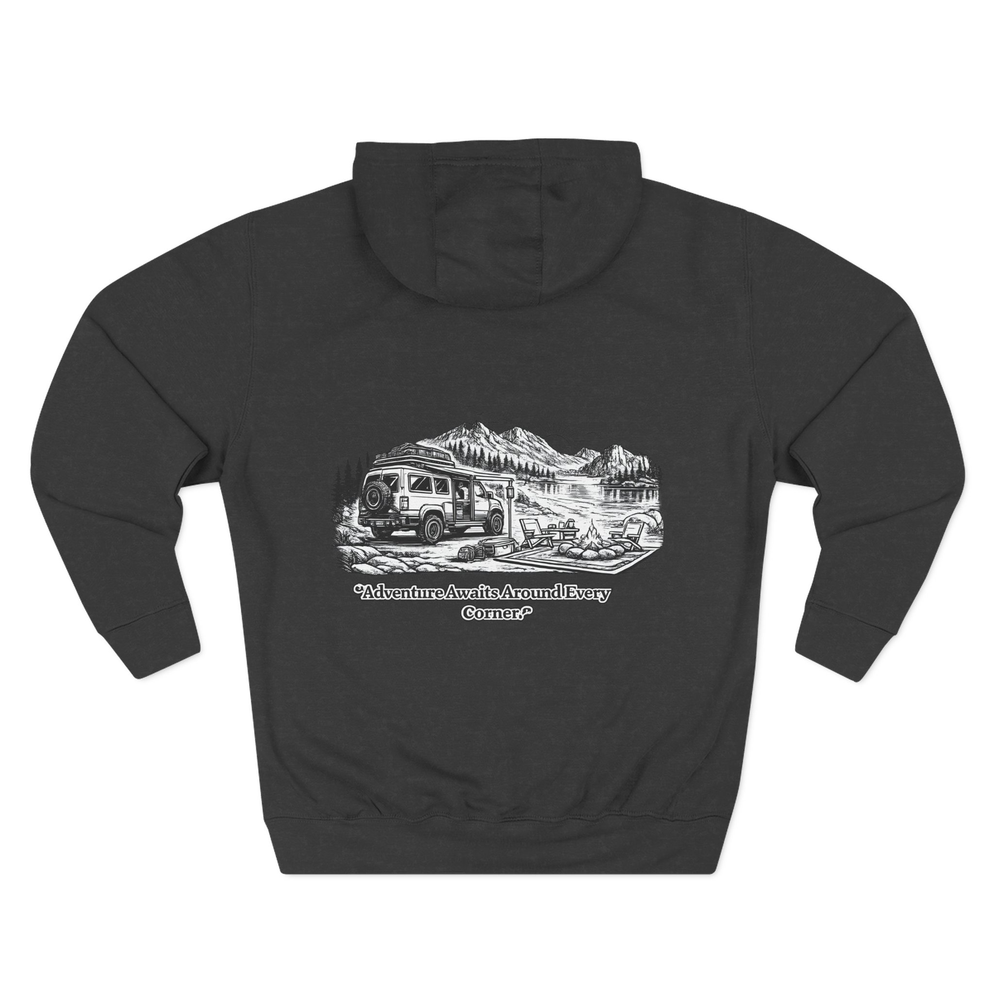 5118103486544452152_2048.jpeg Three-Panel Fleece Hoodie - "Adventure Awaits Around Every Corner" Design Minimal-Line