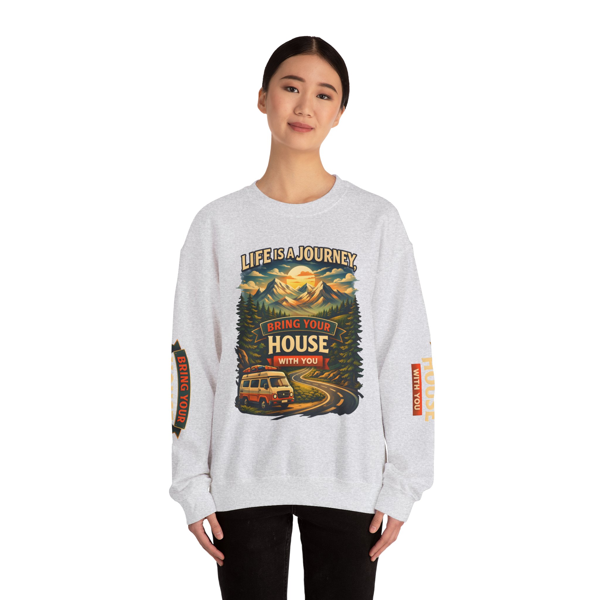 Unisex Heavy Blend™ Crewneck Sweatshirt — "Live Is A Journey-Bring Your House With You" Design Scenic-Line
